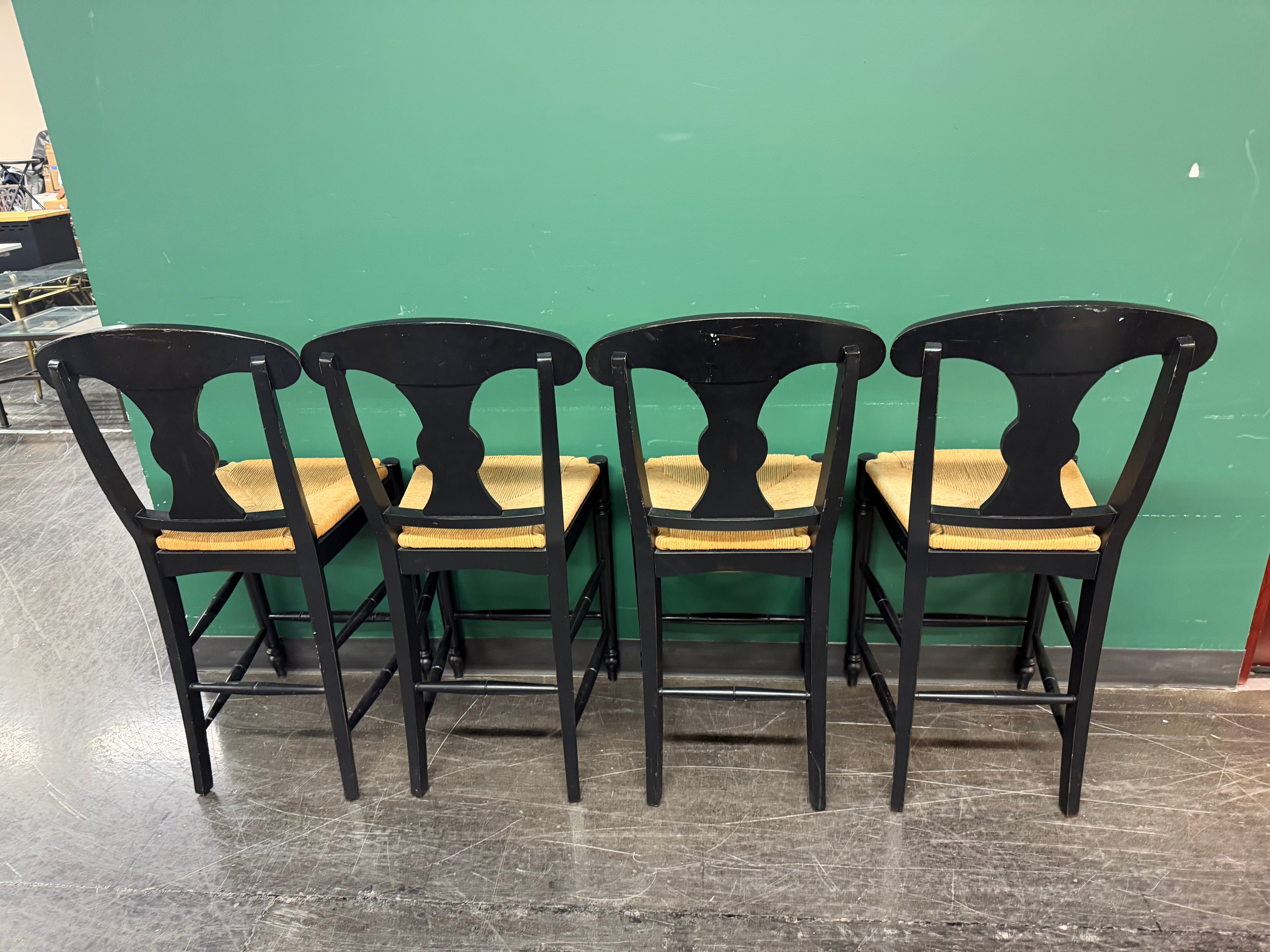 Ethan Allen Vintage French Country Rush Seat Bar Stools in Black, Set of Four