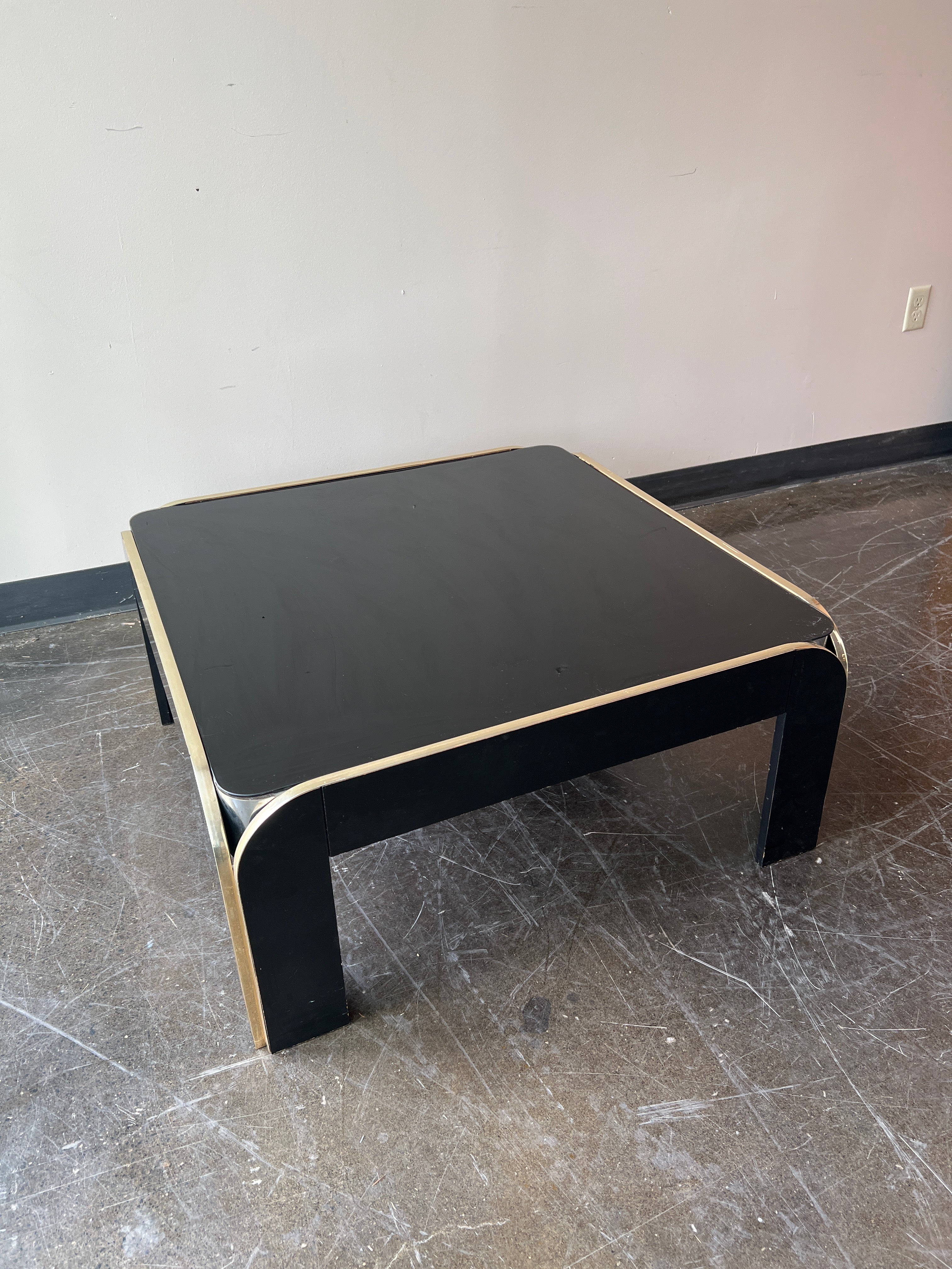 Black Glass with Brass Trim Coffee Table, Designed by Brinda Pridgen