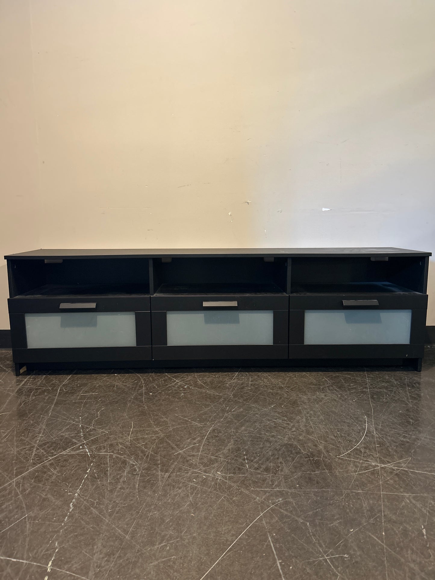 Modern Black Media Console with Frosted Glass Drawers