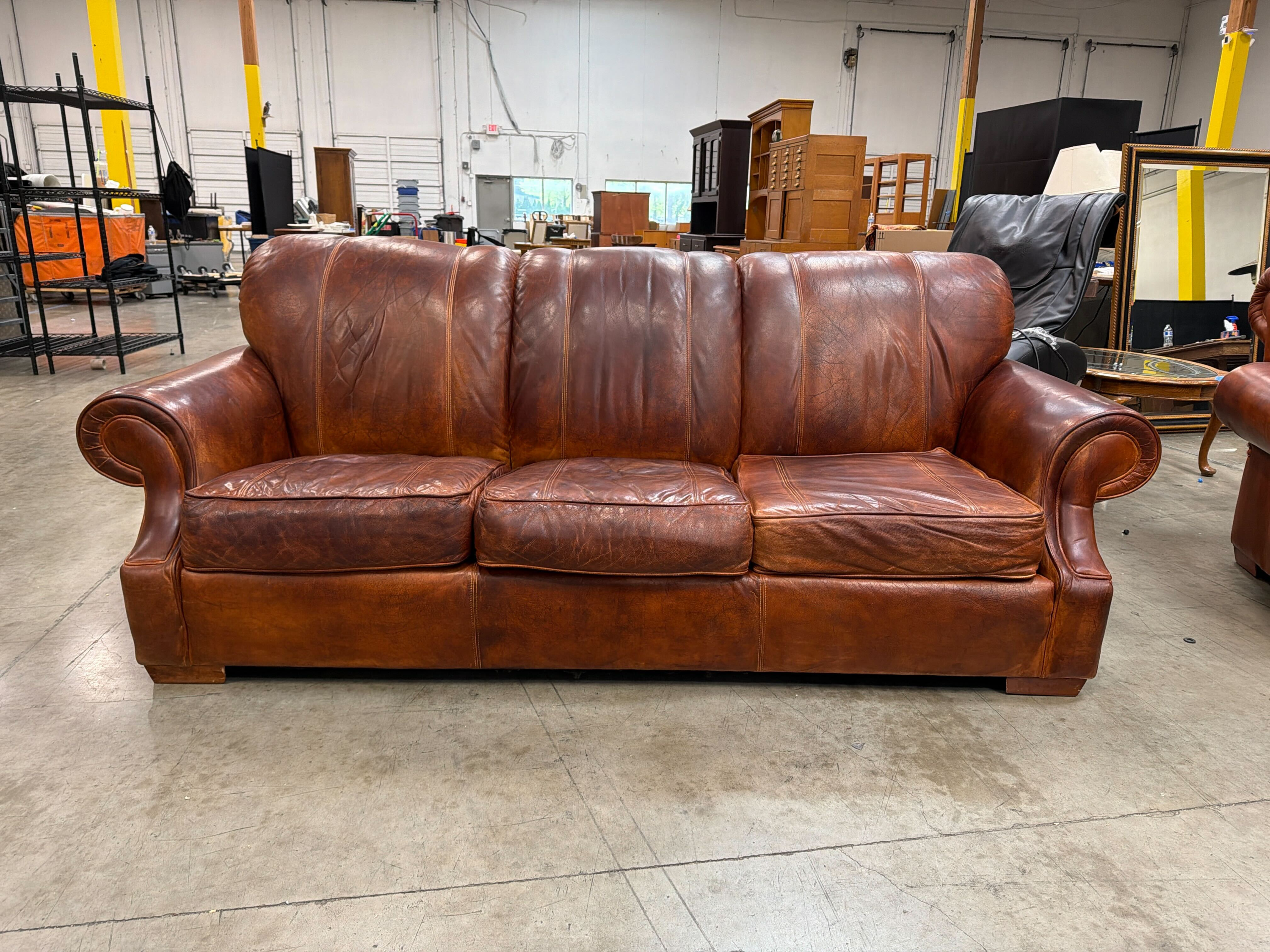 Lauren Leather Co. Full-Grain Distressed Leather Sofa - Custom Made High End - Made in USA (2 Available)