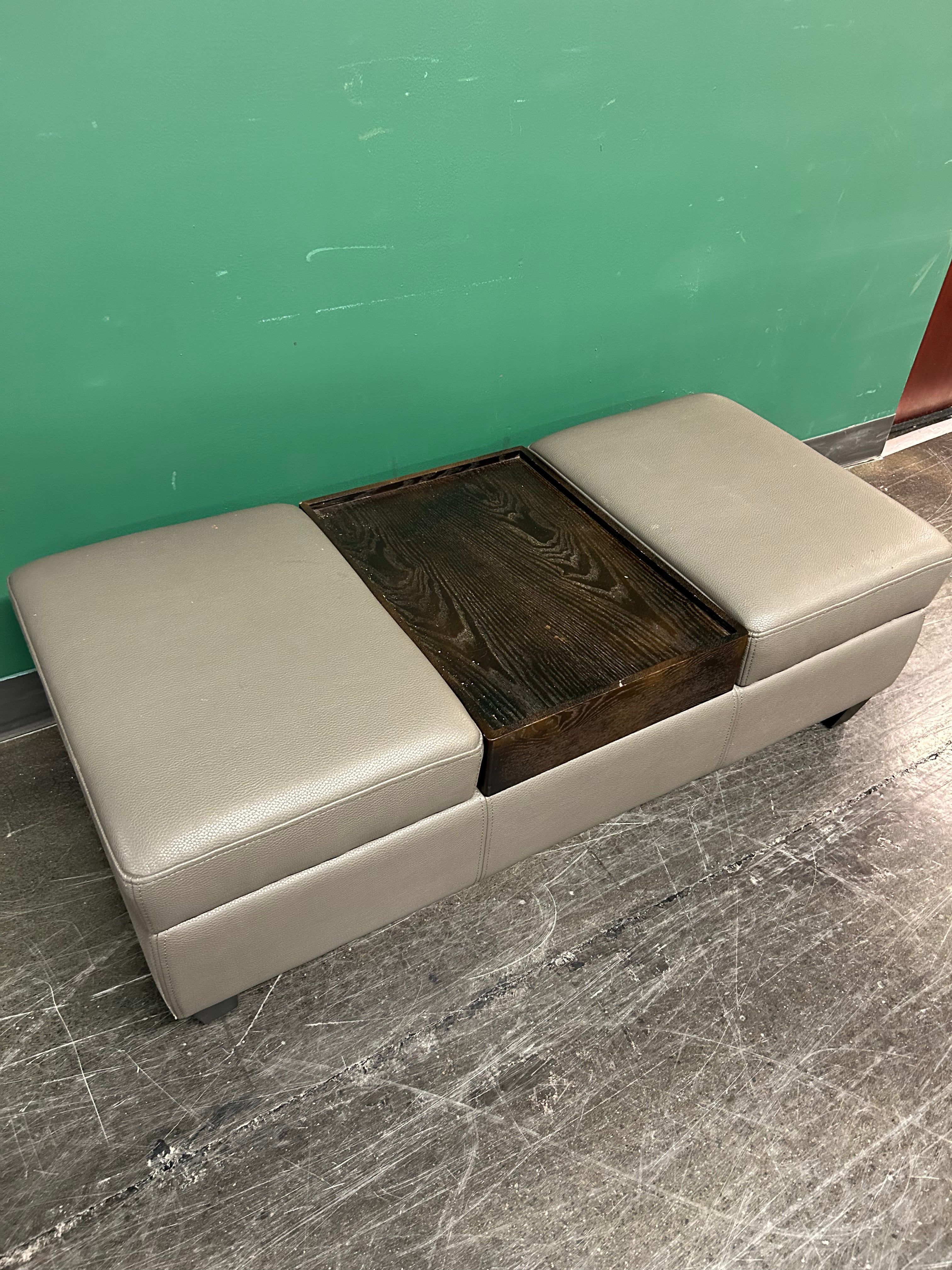 Contemporary Three-Piece Leather Ottoman with Wood Tray