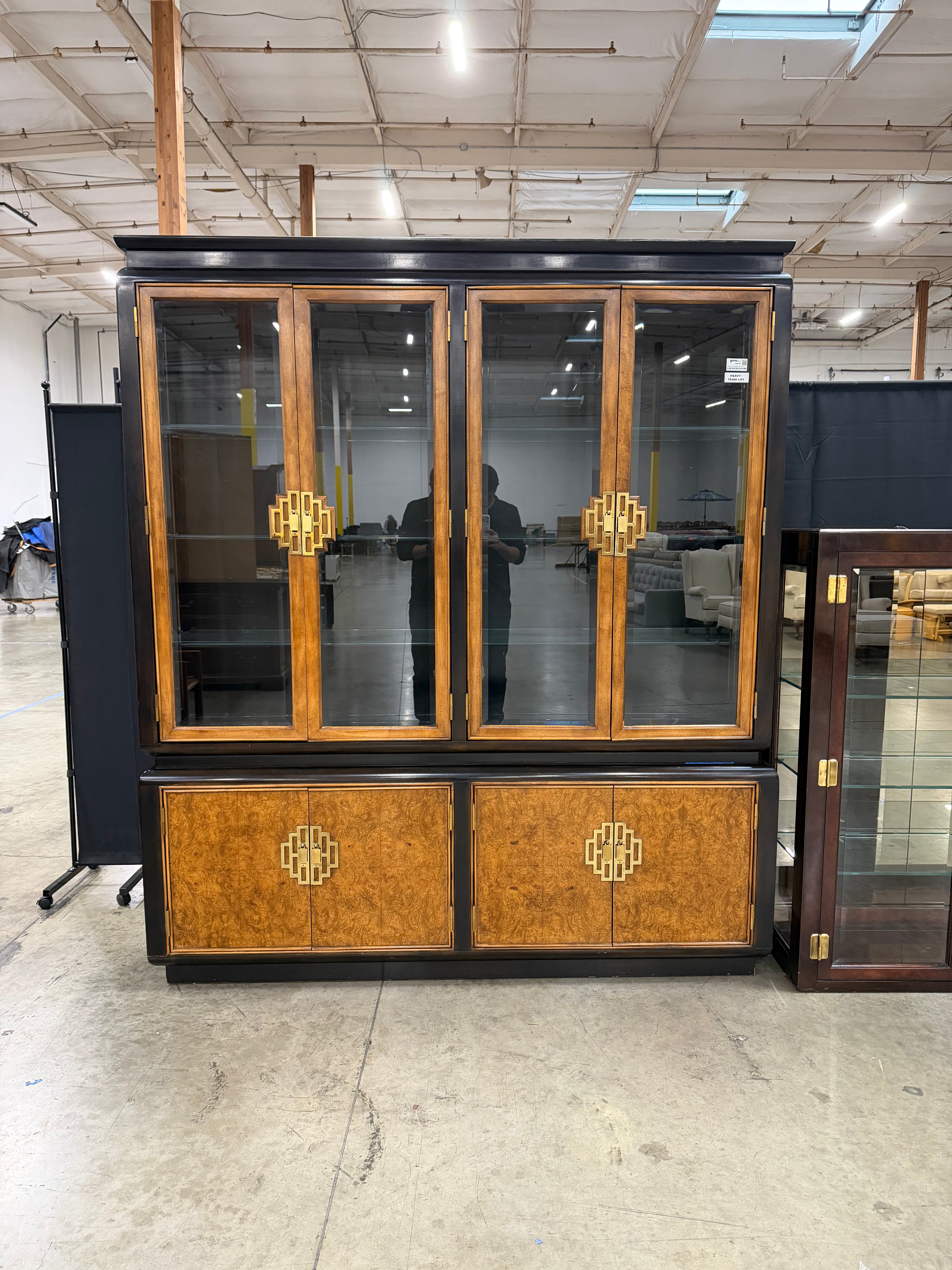 Vintage Century Furniture 'Chin Hua' Burl Wood & Black Lacquer Lighted China Hutch