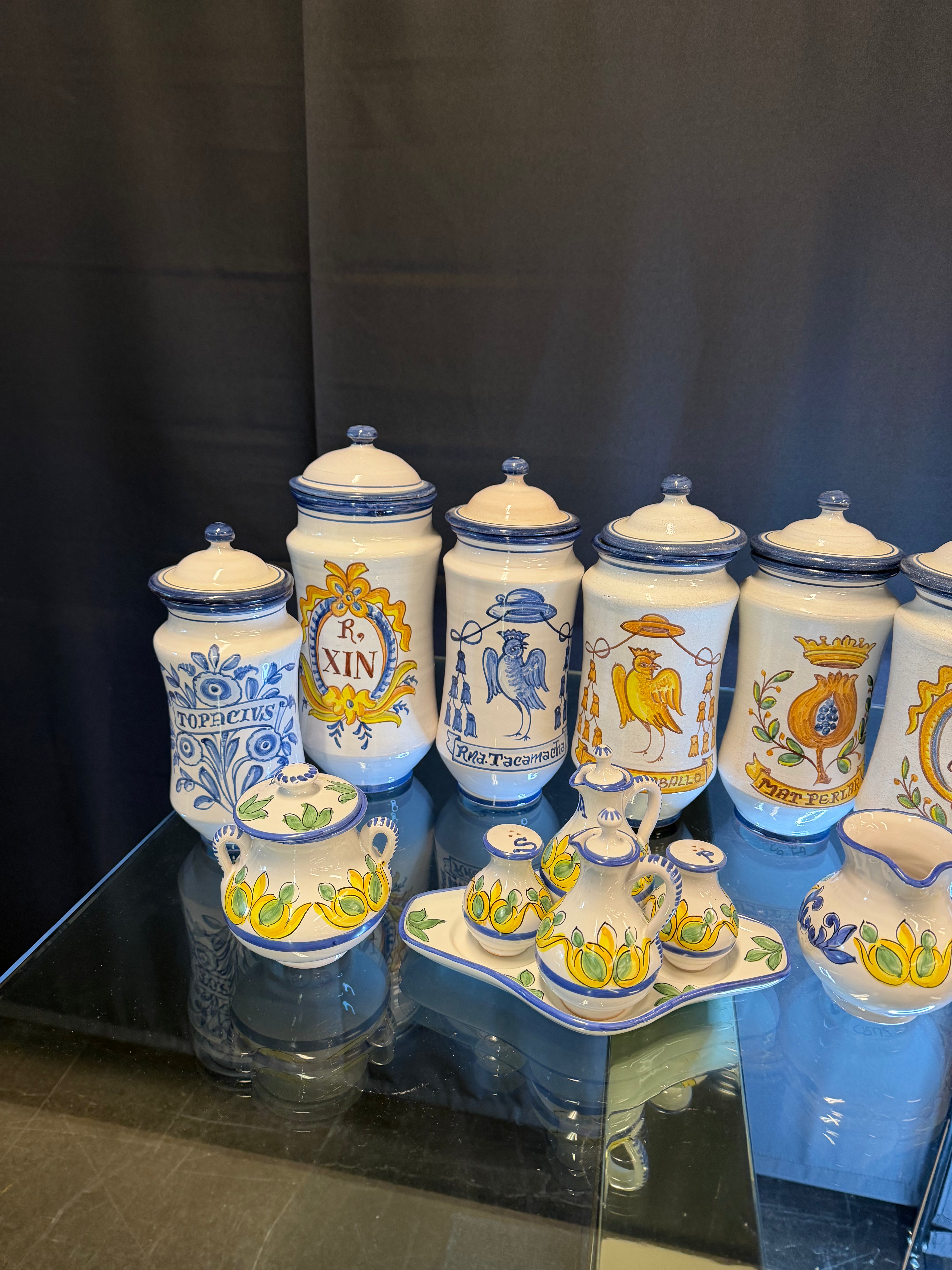 Hand-Painted Vintage Puente del Arzobispo Ceramic Dinnerware Set — 91 Pieces, Cerámica Cruz, with 7 Apothecary Jars