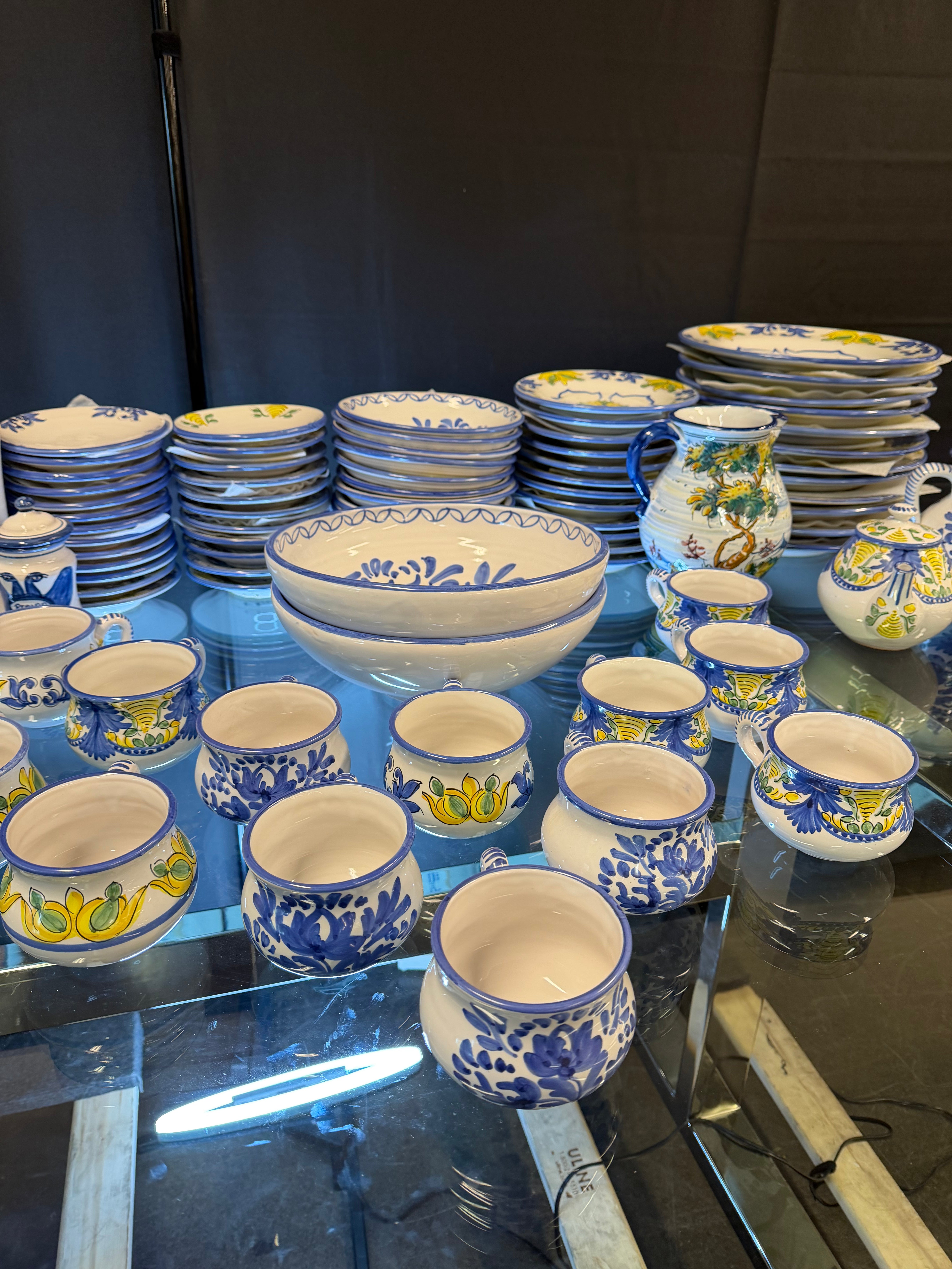 Hand-Painted Vintage Puente del Arzobispo Ceramic Dinnerware Set — 91 Pieces, Cerámica Cruz, with 7 Apothecary Jars