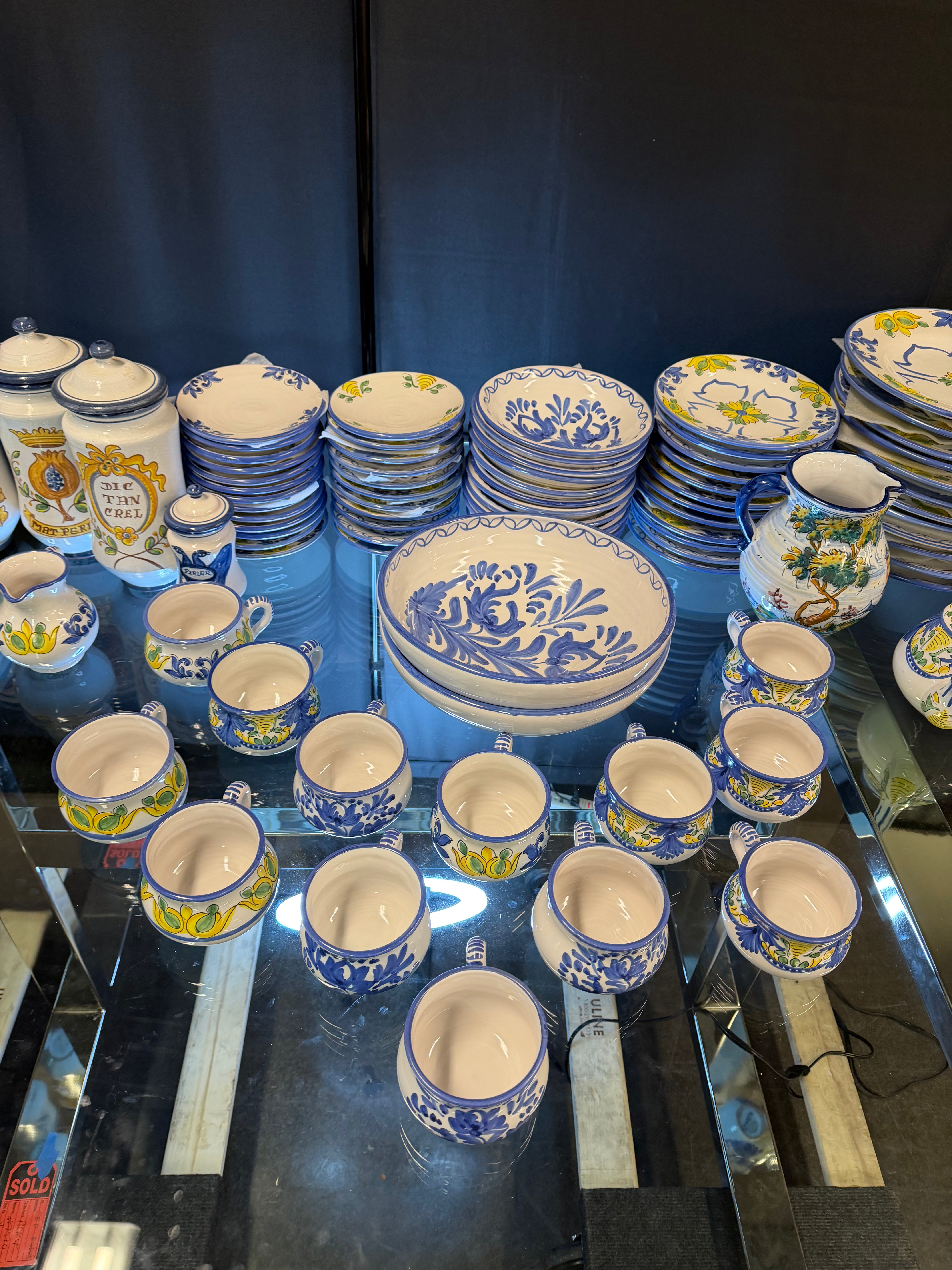 Hand-Painted Vintage Puente del Arzobispo Ceramic Dinnerware Set — 91 Pieces, Cerámica Cruz, with 7 Apothecary Jars