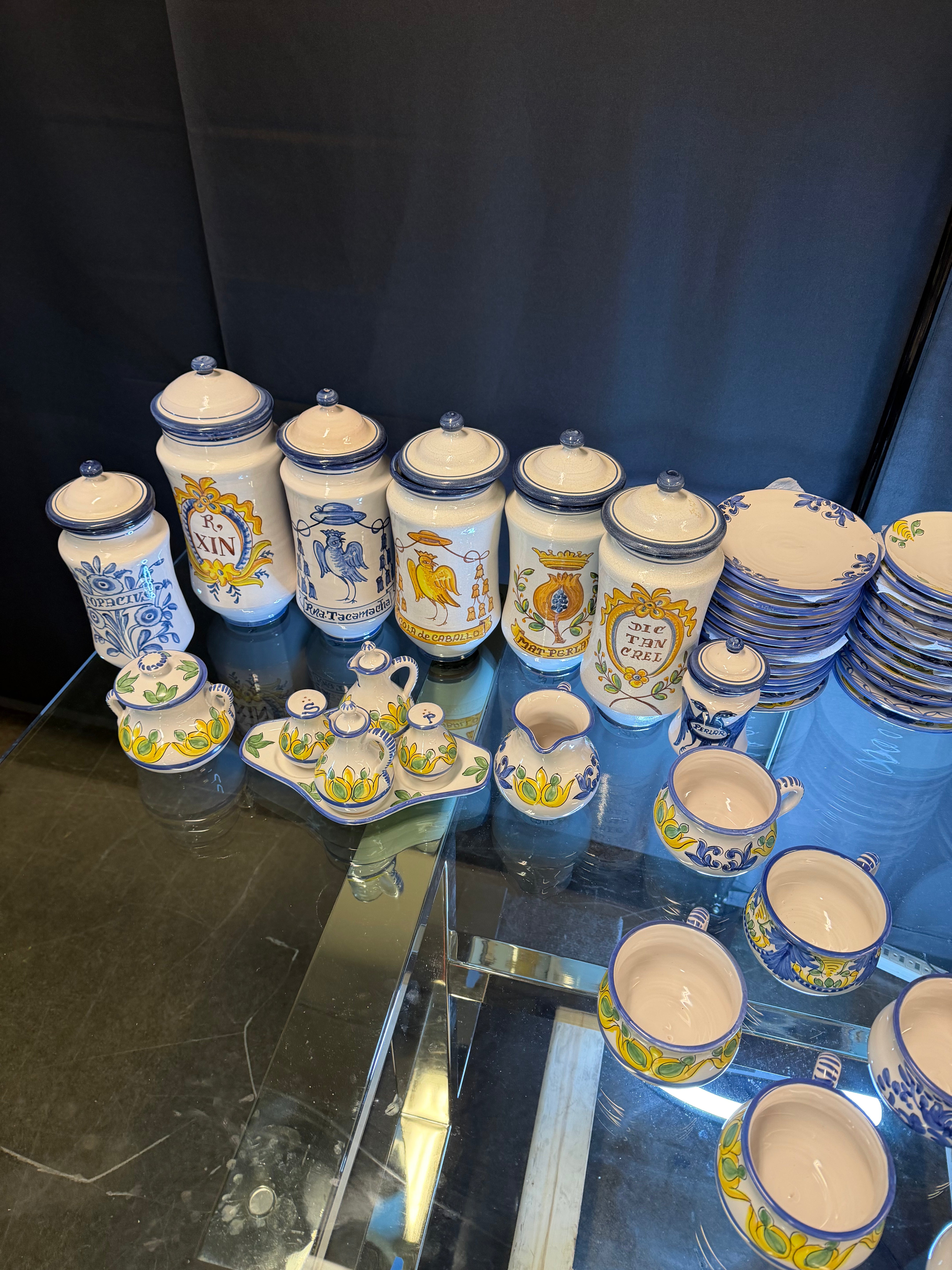 Hand-Painted Vintage Puente del Arzobispo Ceramic Dinnerware Set — 91 Pieces, Cerámica Cruz, with 7 Apothecary Jars