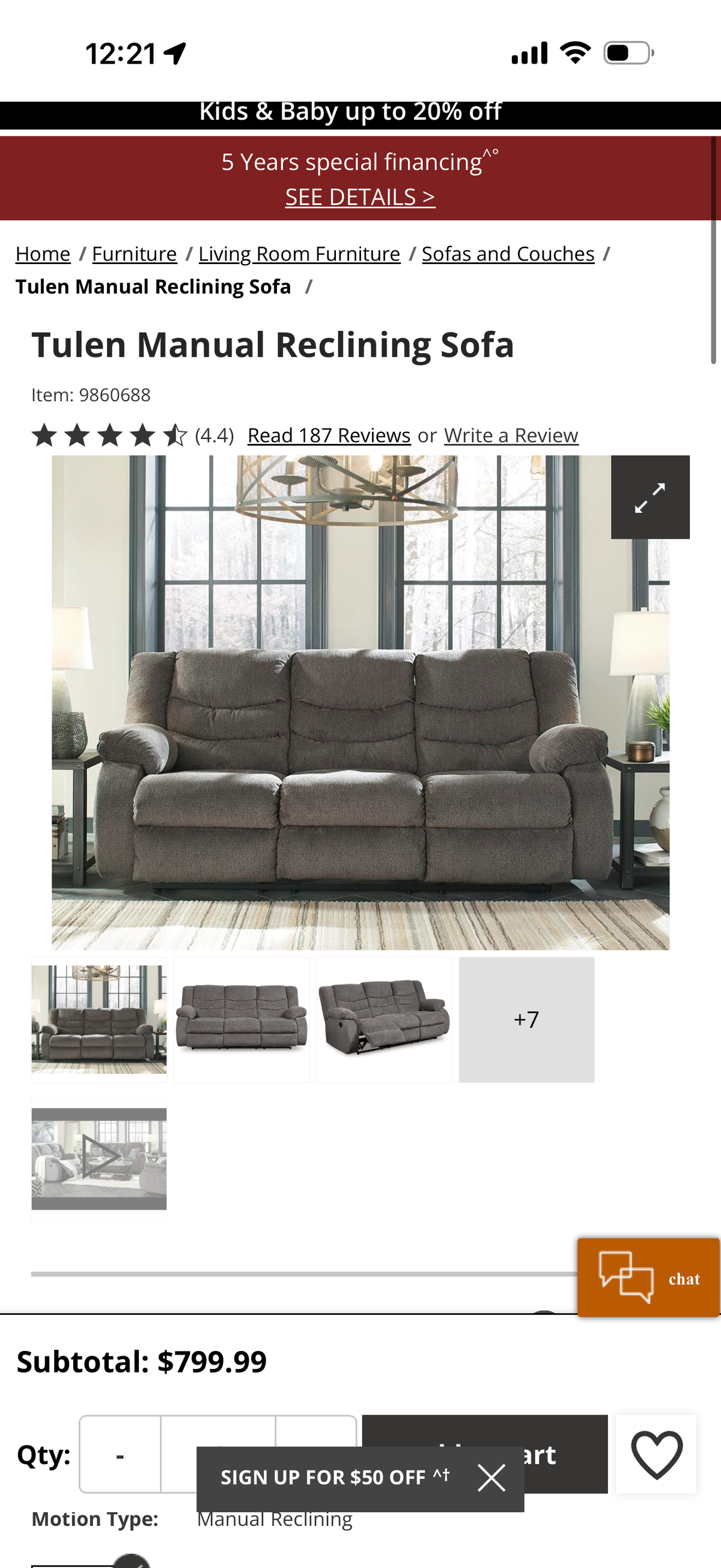 Ashley Furniture Tulen Chocolate Fabric Reclining Couch with Padded Arms | New at $800