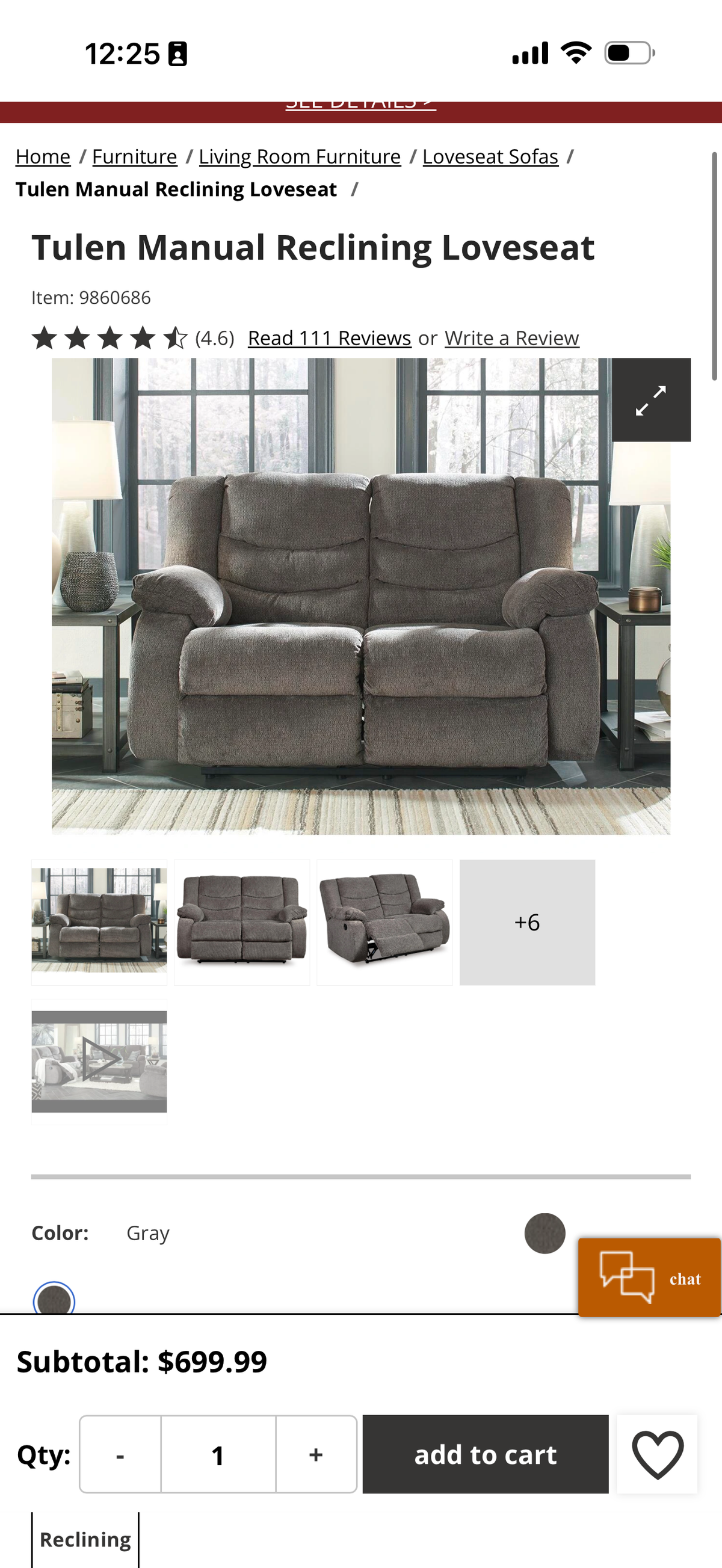 Ashley Furniture Tulen Manual Reclining Loveseat | New at $700