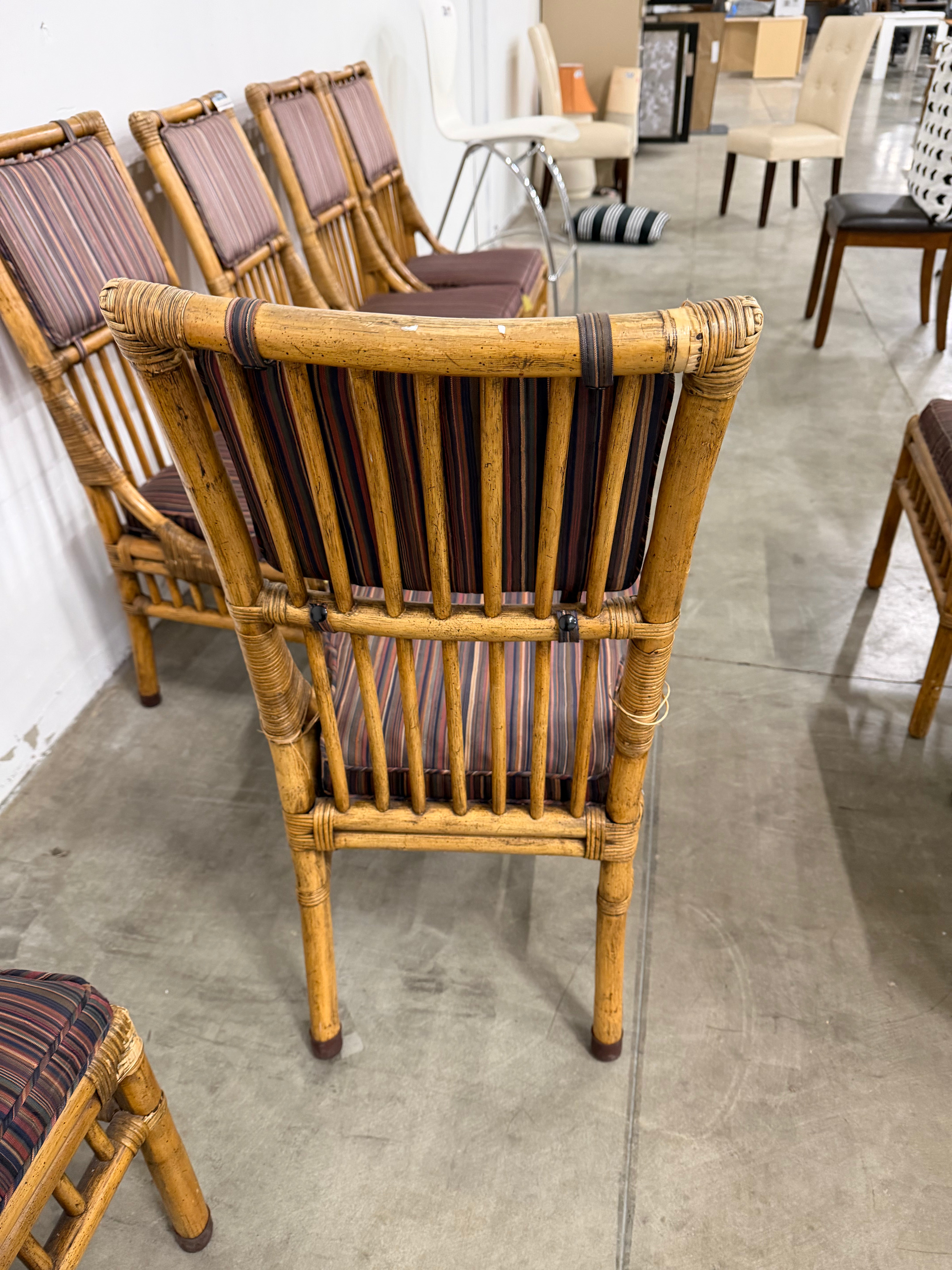 Henredon Bamboo Rattan Dining Chair Set – Striped Cushion, Armless