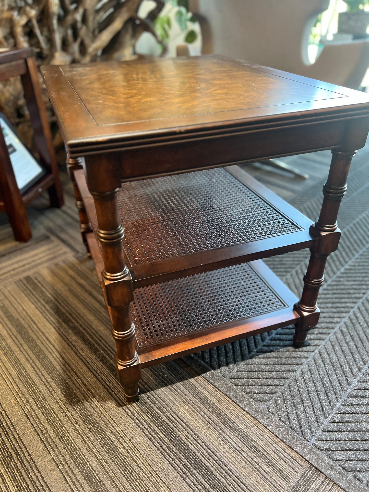 Ethan Allen Walnut And Rattan Side Table