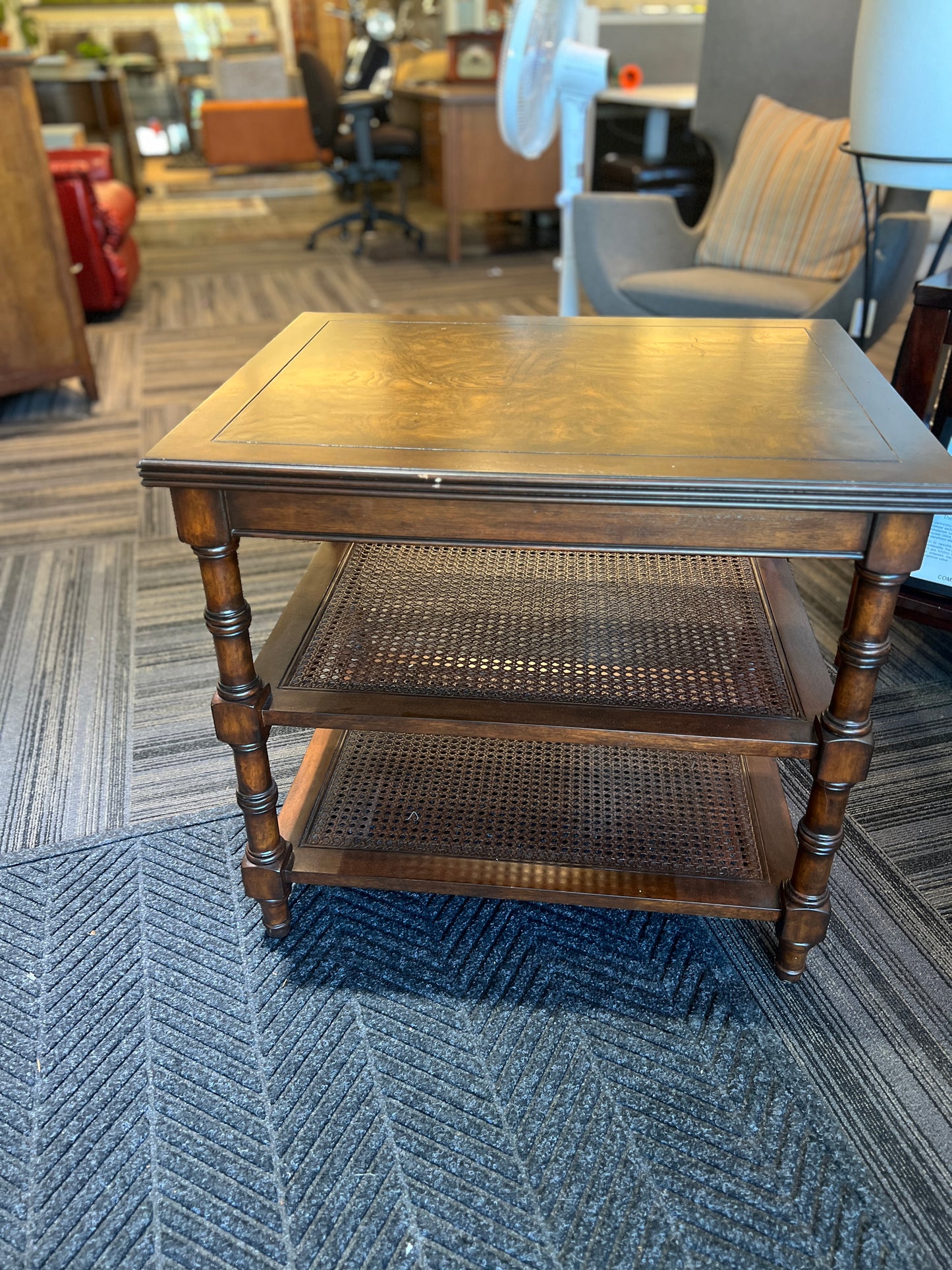 Ethan Allen Walnut And Rattan Side Table