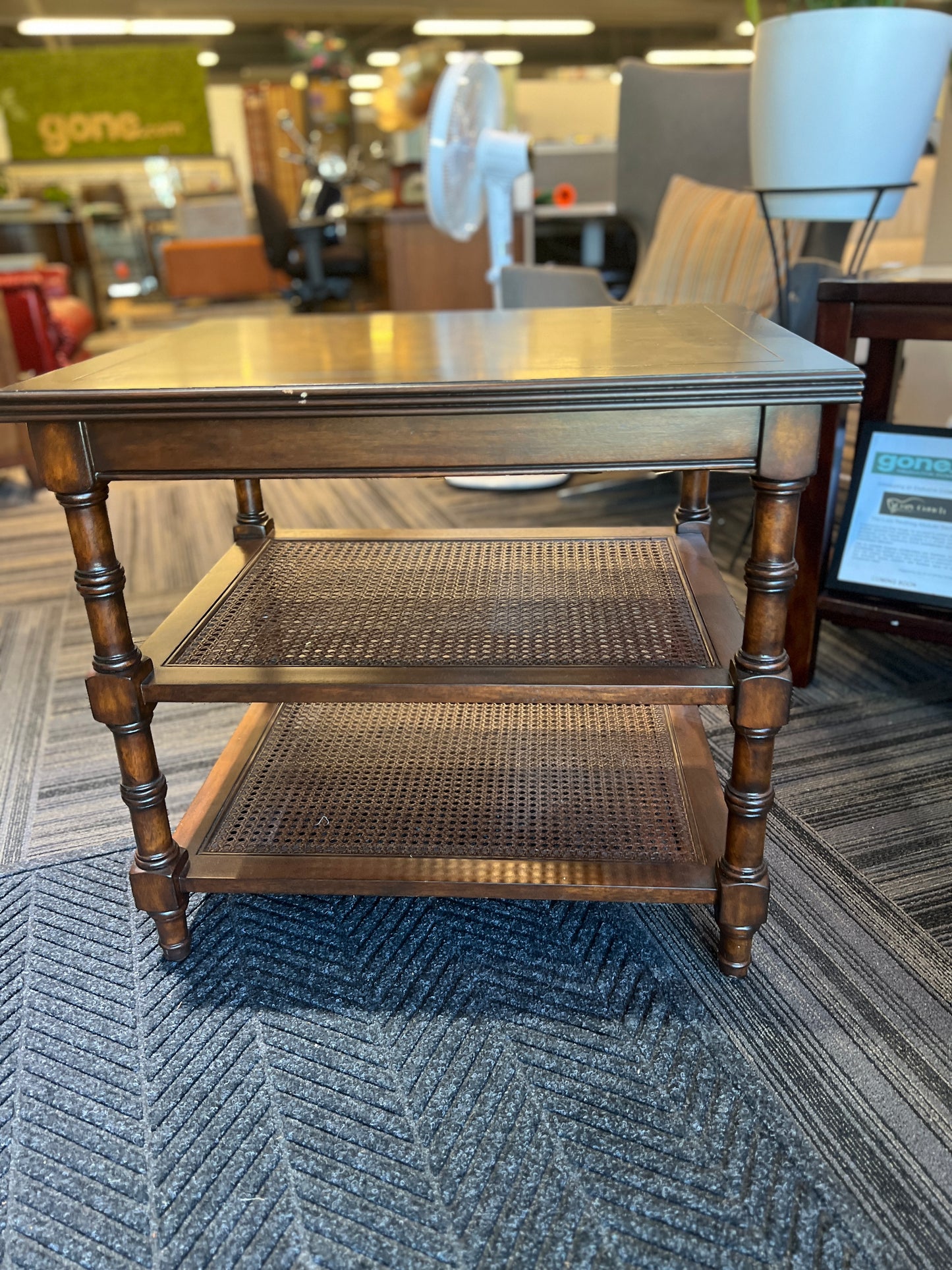 Ethan Allen Walnut And Rattan Side Table