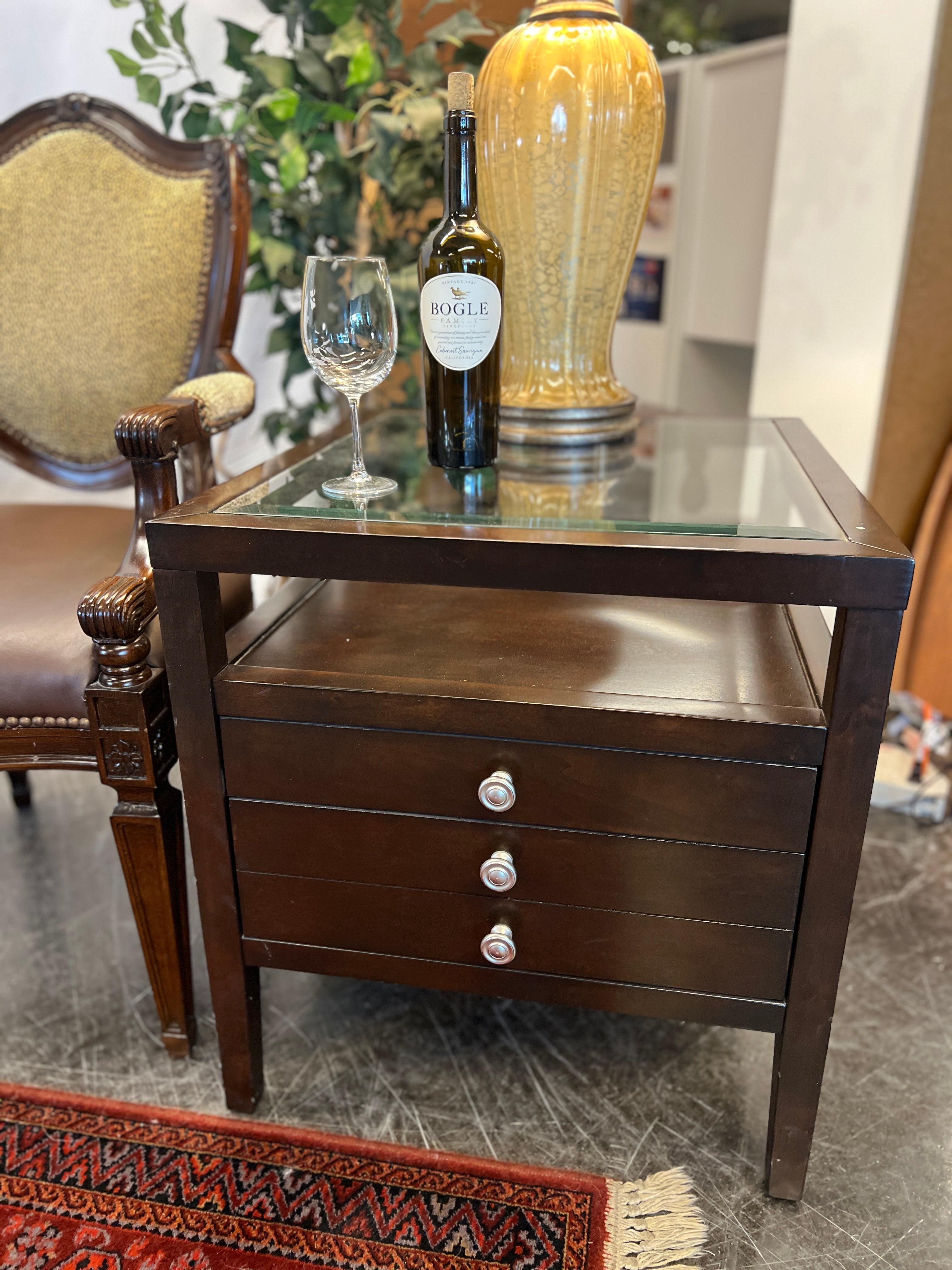 3 Drawer Glass top Accent Table