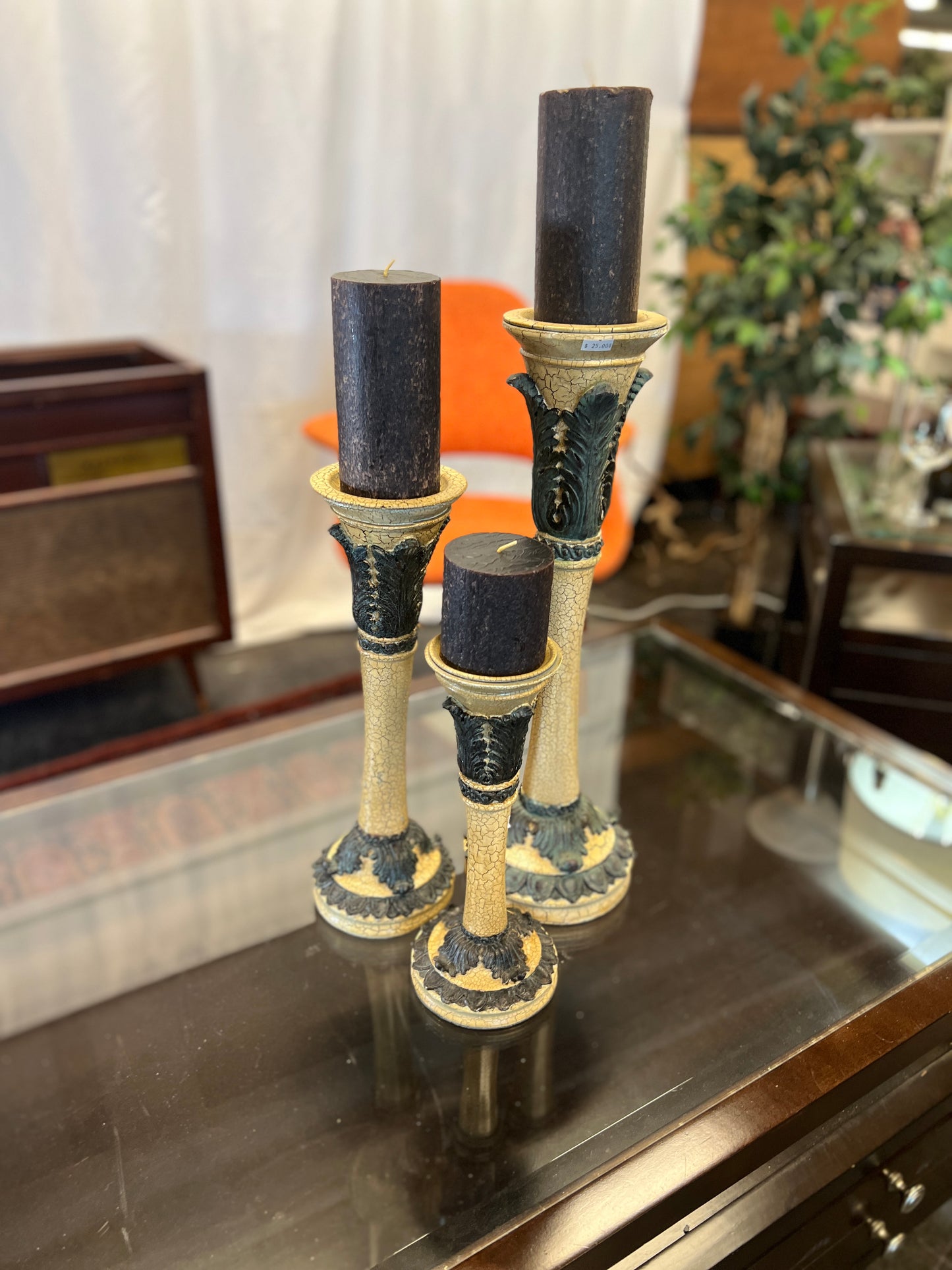 Ornate Green and Cream Candlesticks (SET OF 3)