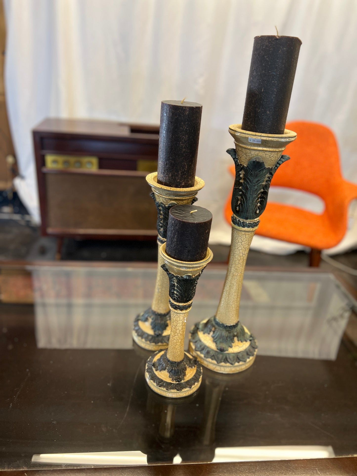 Ornate Green and Cream Candlesticks (SET OF 3)