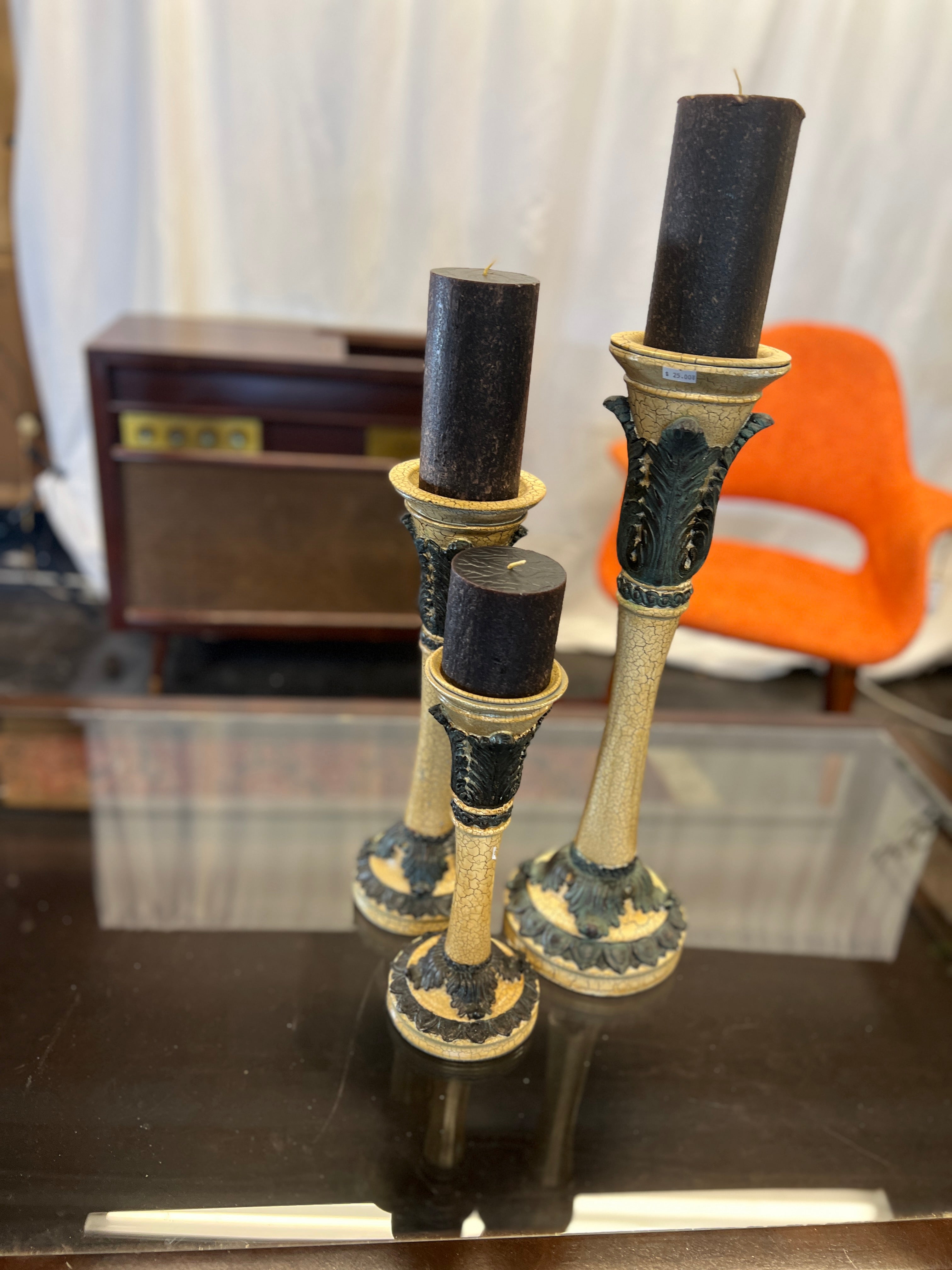 Ornate Green and Cream Candlesticks (SET OF 3)