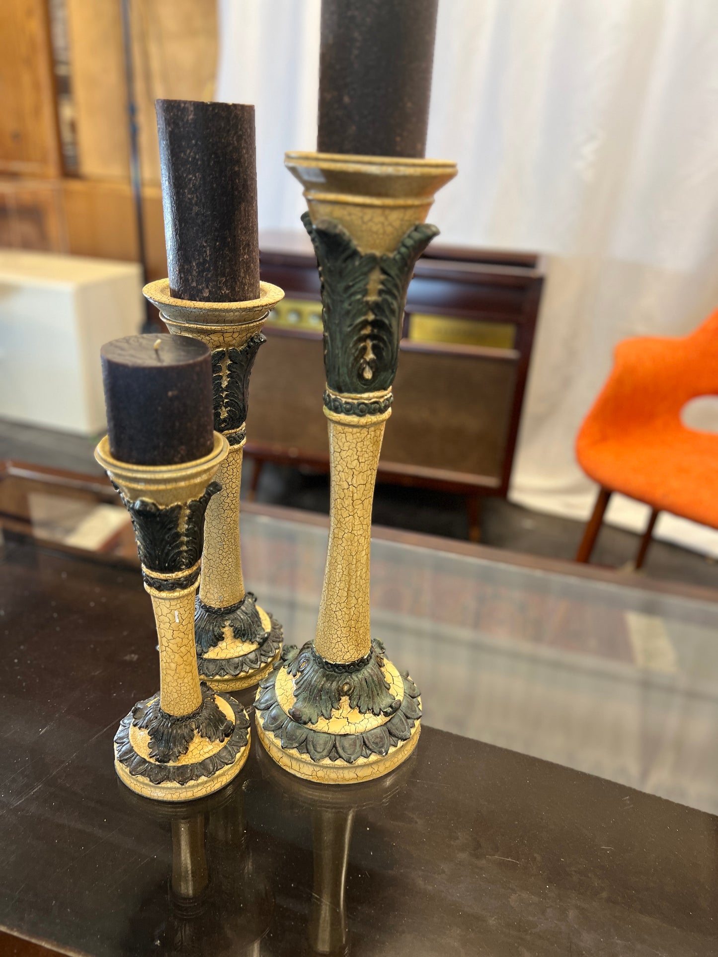 Ornate Green and Cream Candlesticks (SET OF 3)