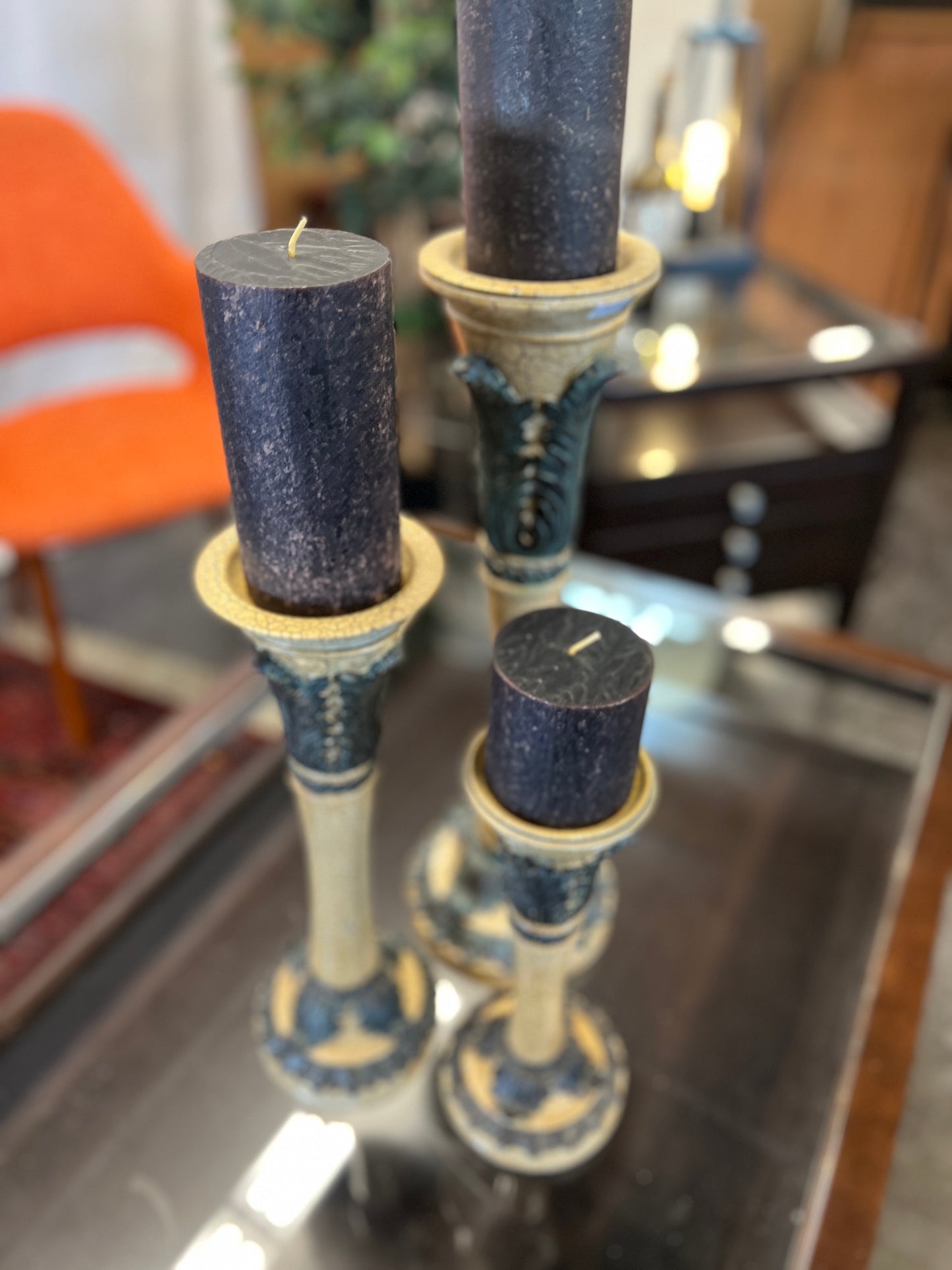 Ornate Green and Cream Candlesticks (SET OF 3)