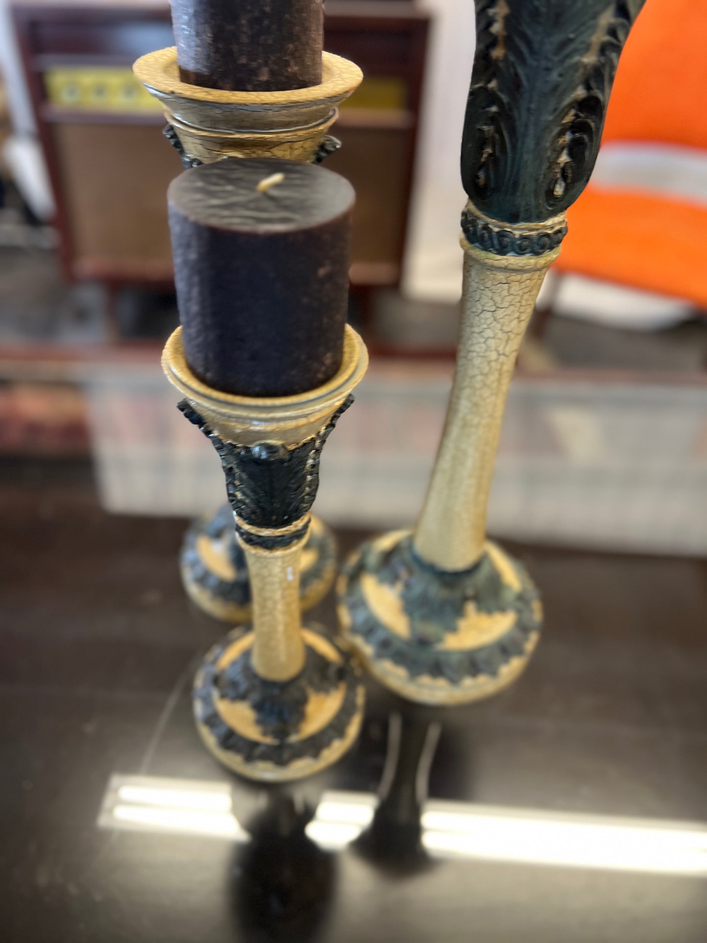 Ornate Green and Cream Candlesticks (SET OF 3)