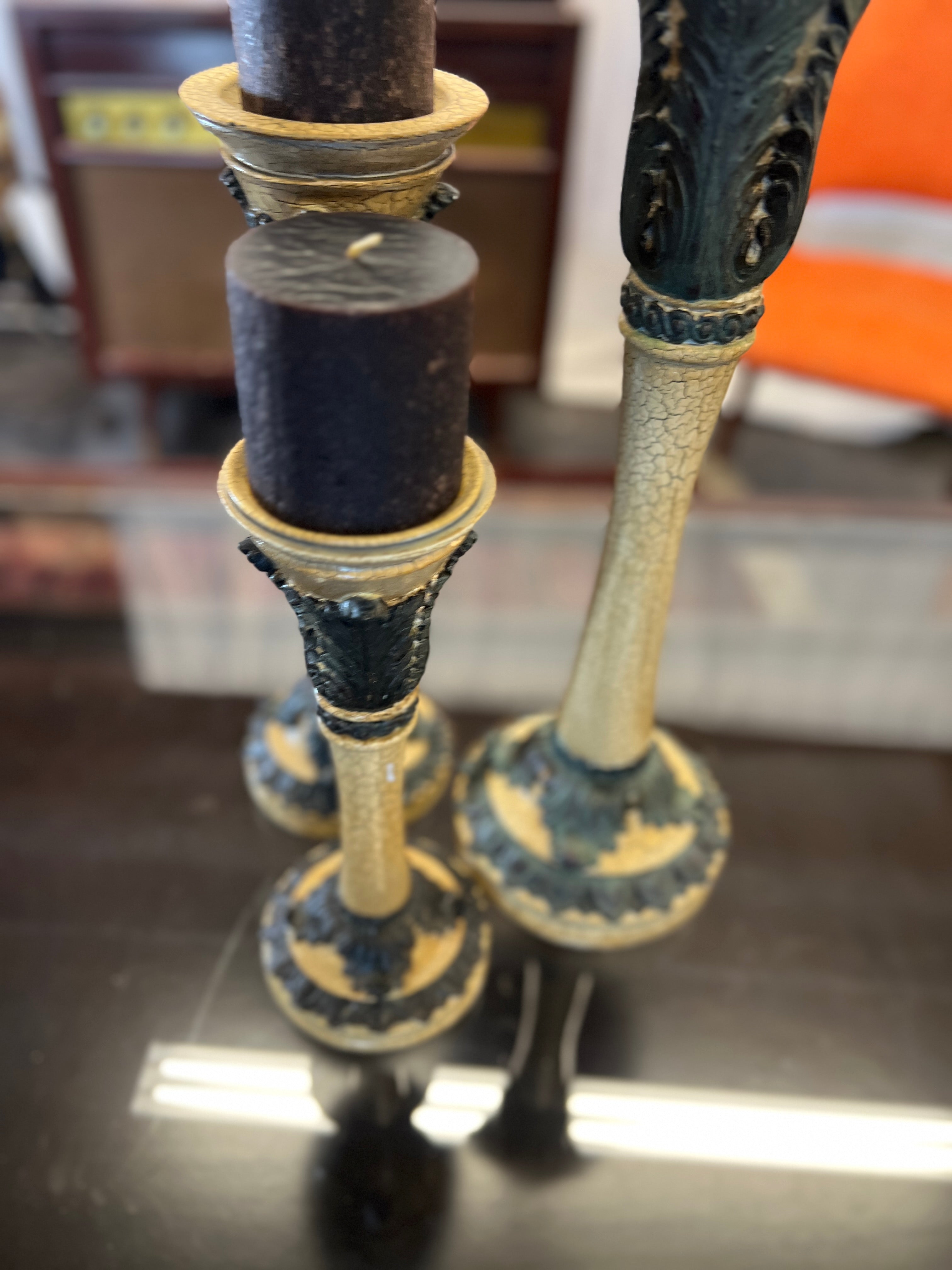 Ornate Green and Cream Candlesticks (SET OF 3)