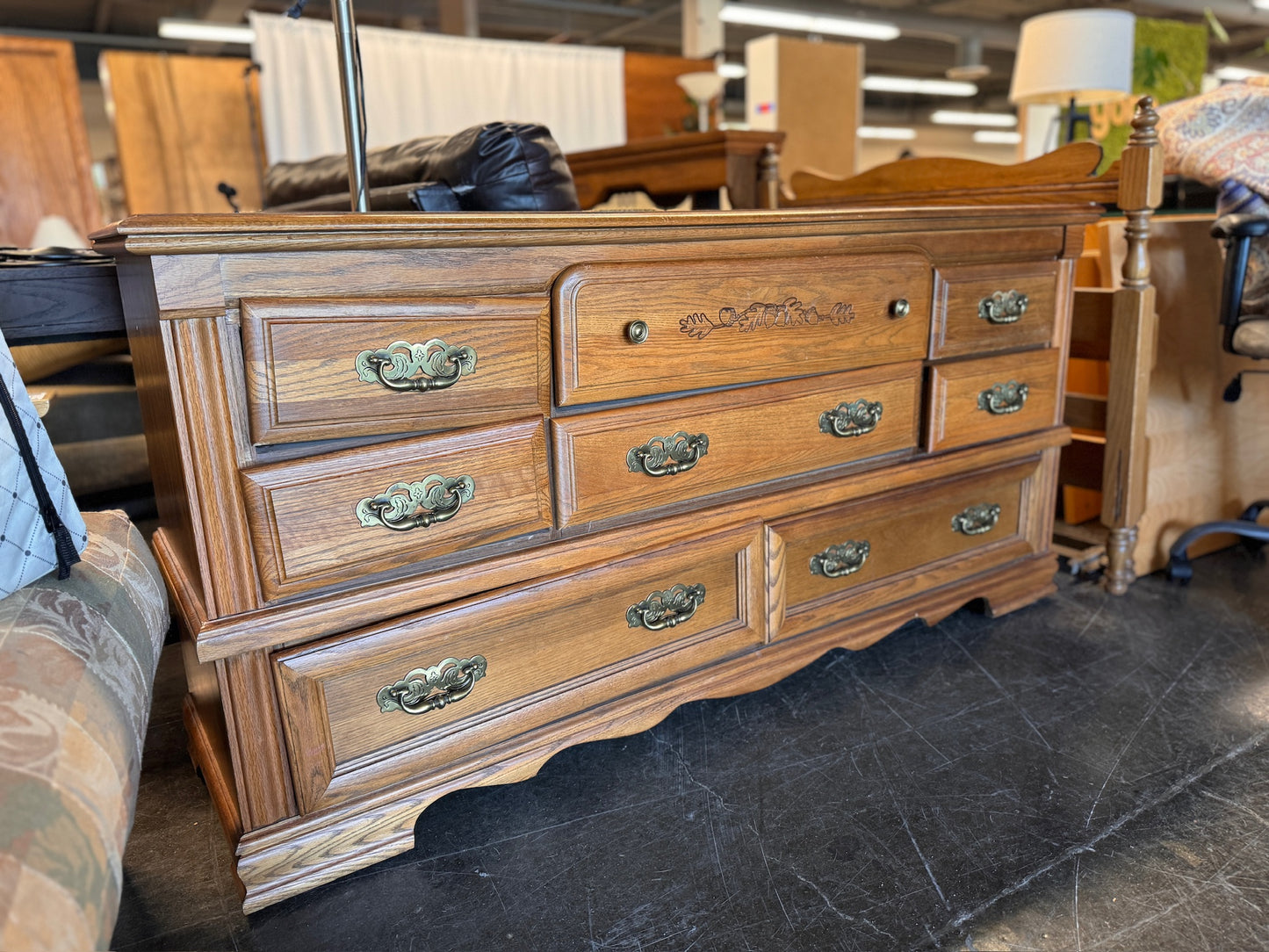Large Lowboy Dresser with Bronze Pulls and Mirror