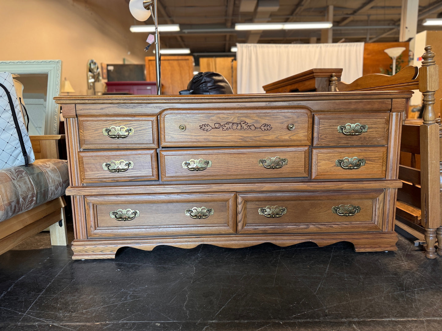Large Lowboy Dresser with Bronze Pulls and Mirror