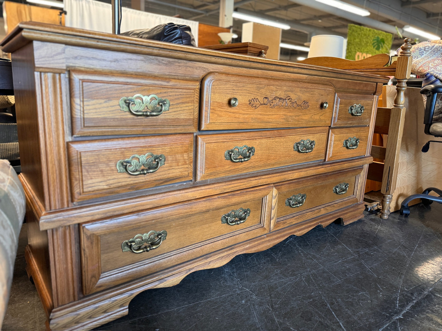 Large Lowboy Dresser with Bronze Pulls and Mirror