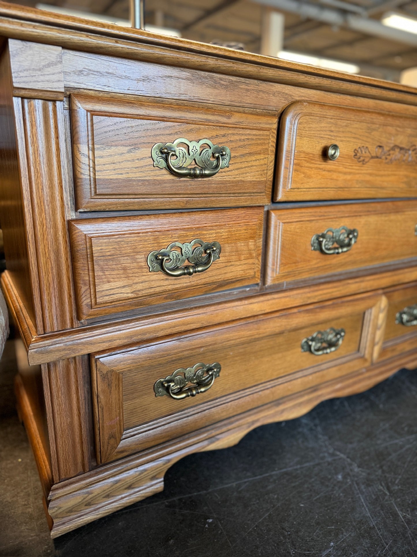 Large Lowboy Dresser with Bronze Pulls and Mirror