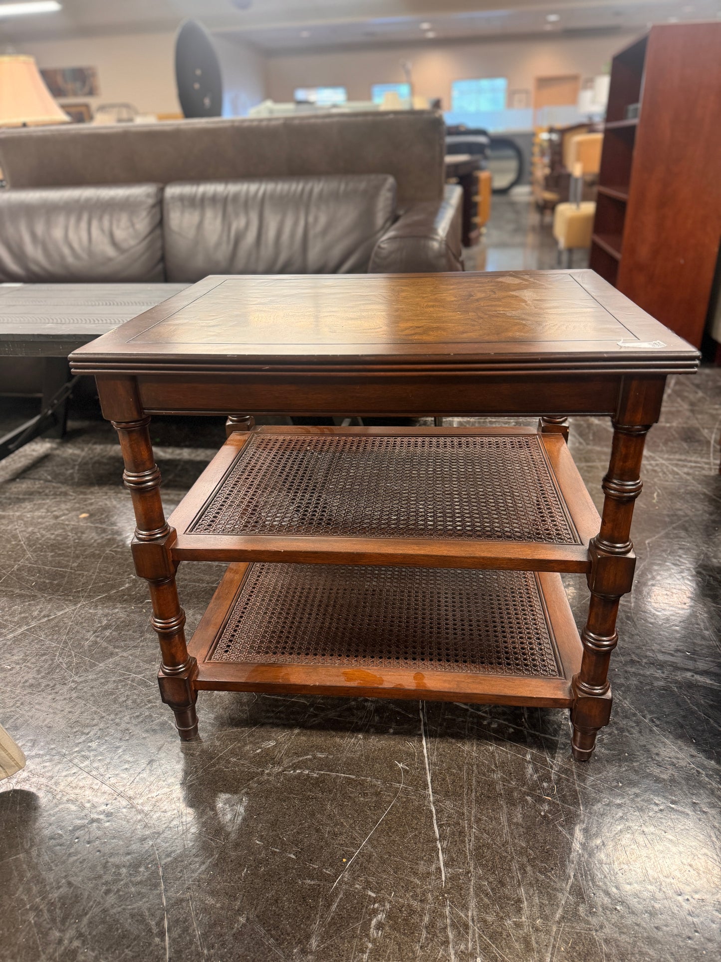Ethan Allen Walnut And Rattan Side Table
