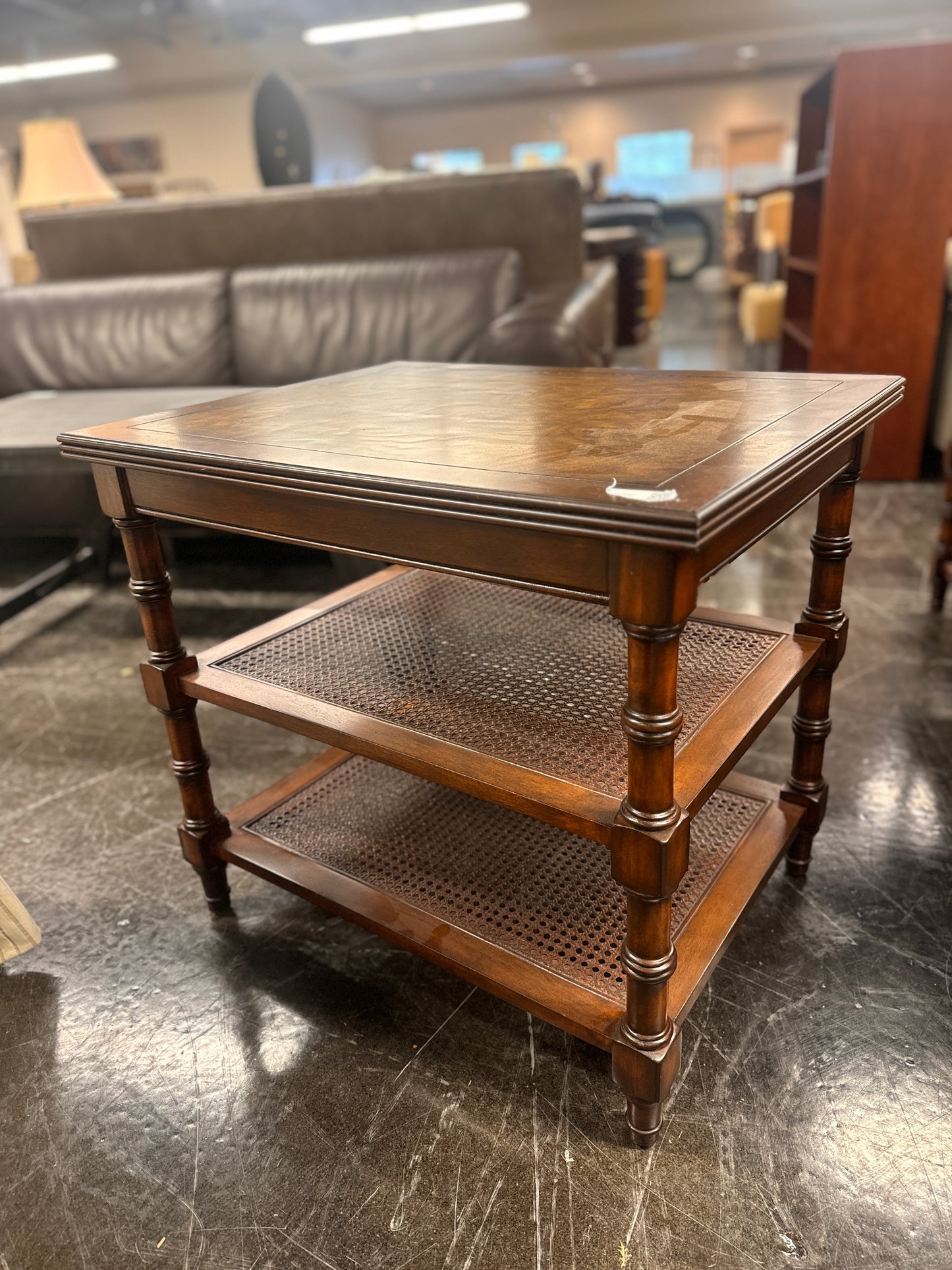 Ethan Allen Walnut And Rattan Side Table