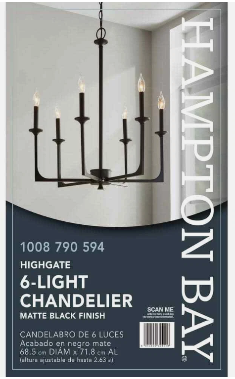 Hampton Bay 'Highgate' 6-Light Matte Black Chandelier - NEW - Open Box