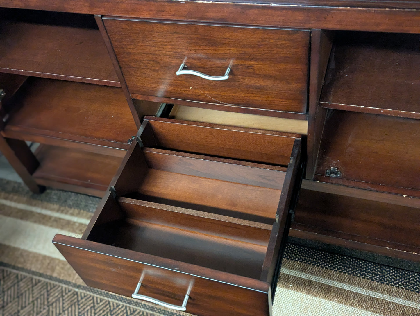 Mahogany Buffet with Glass Doors and Silver Accents