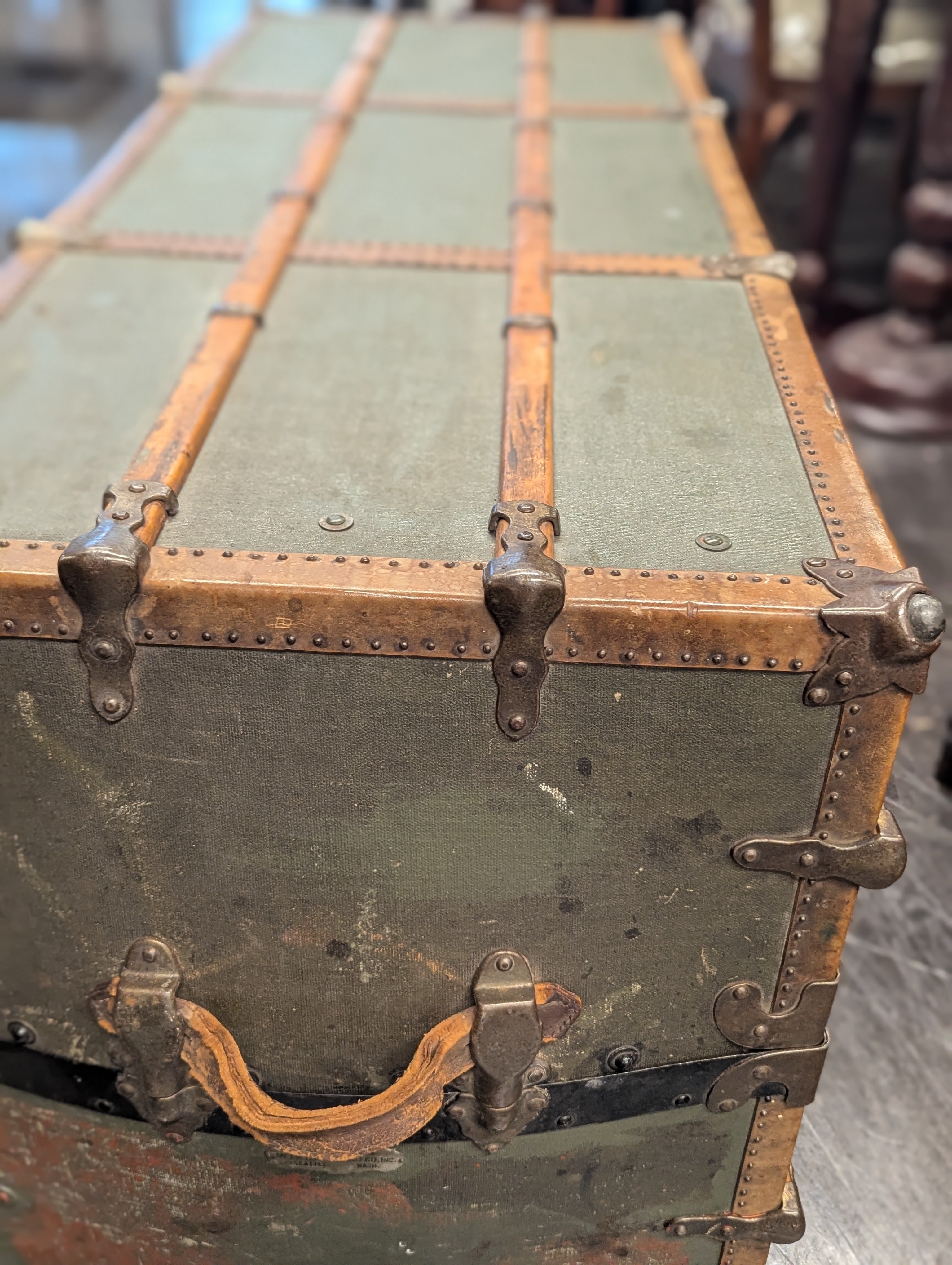 Olive Green and Wood Trim Meek Trunk