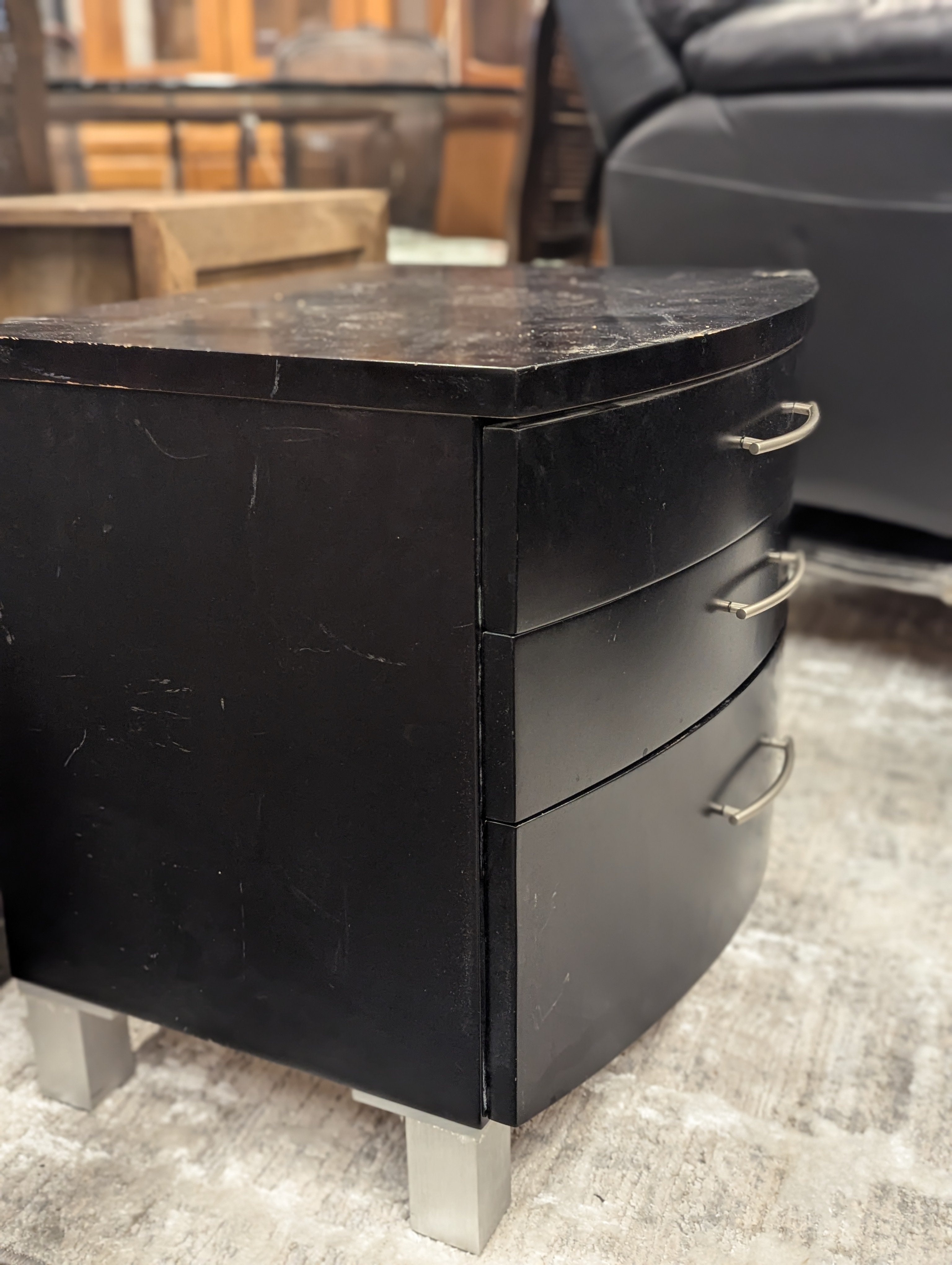 Curved Ebony Nightstand With SIlver Pulls