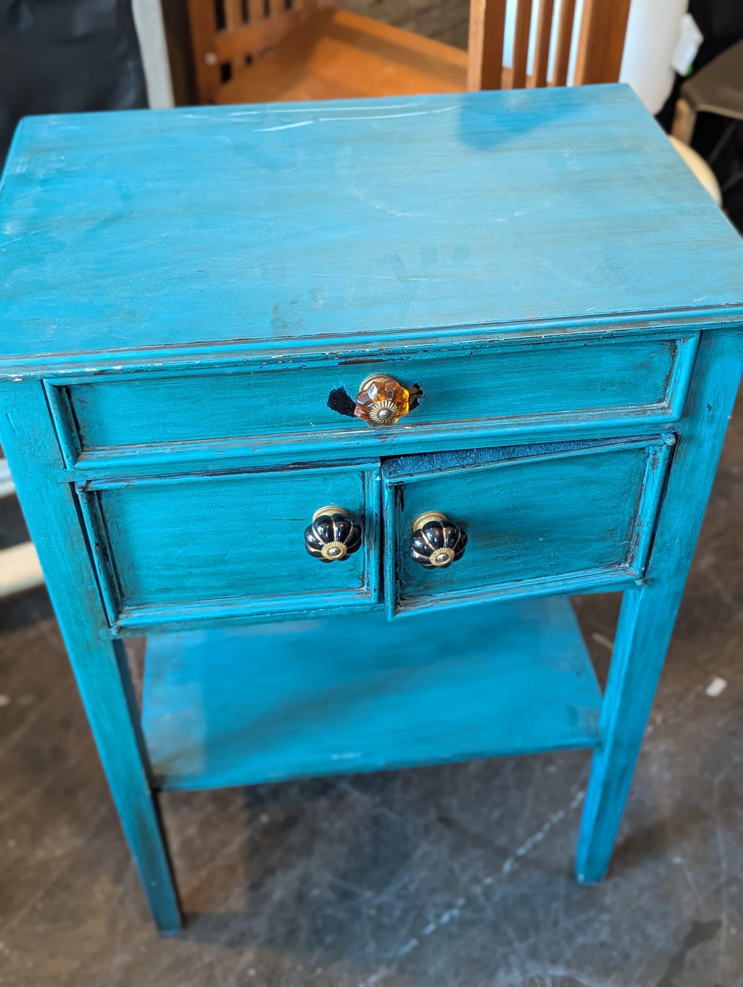 Turquoise Entry Table with Glass Knobs