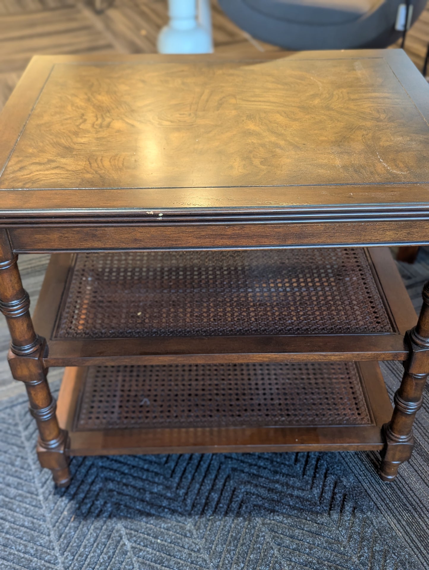 Ethan Allen Walnut And Rattan Side Table