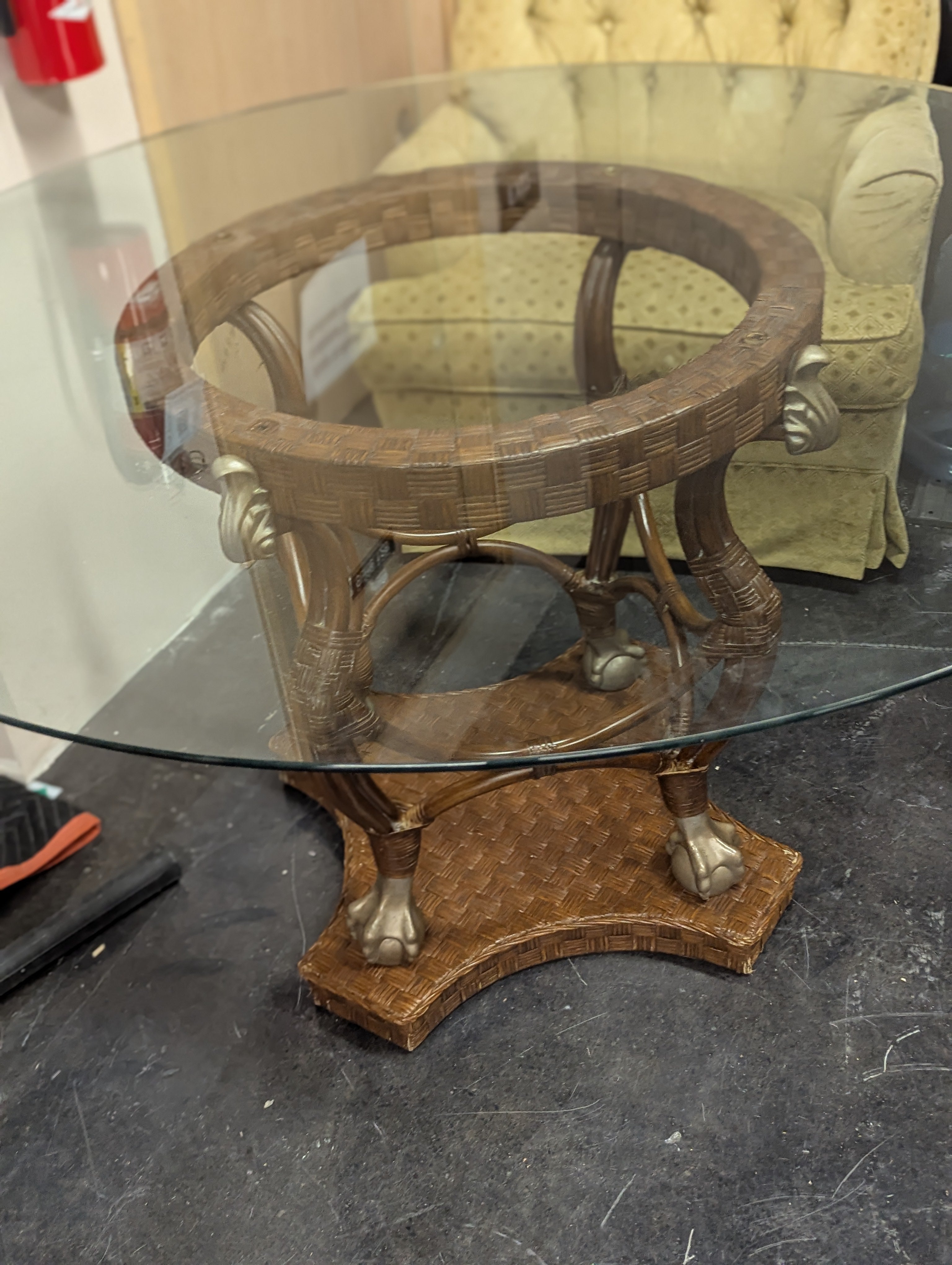 Hollywood Regency Glass and Metal And Rattan Table and 6 Chairs