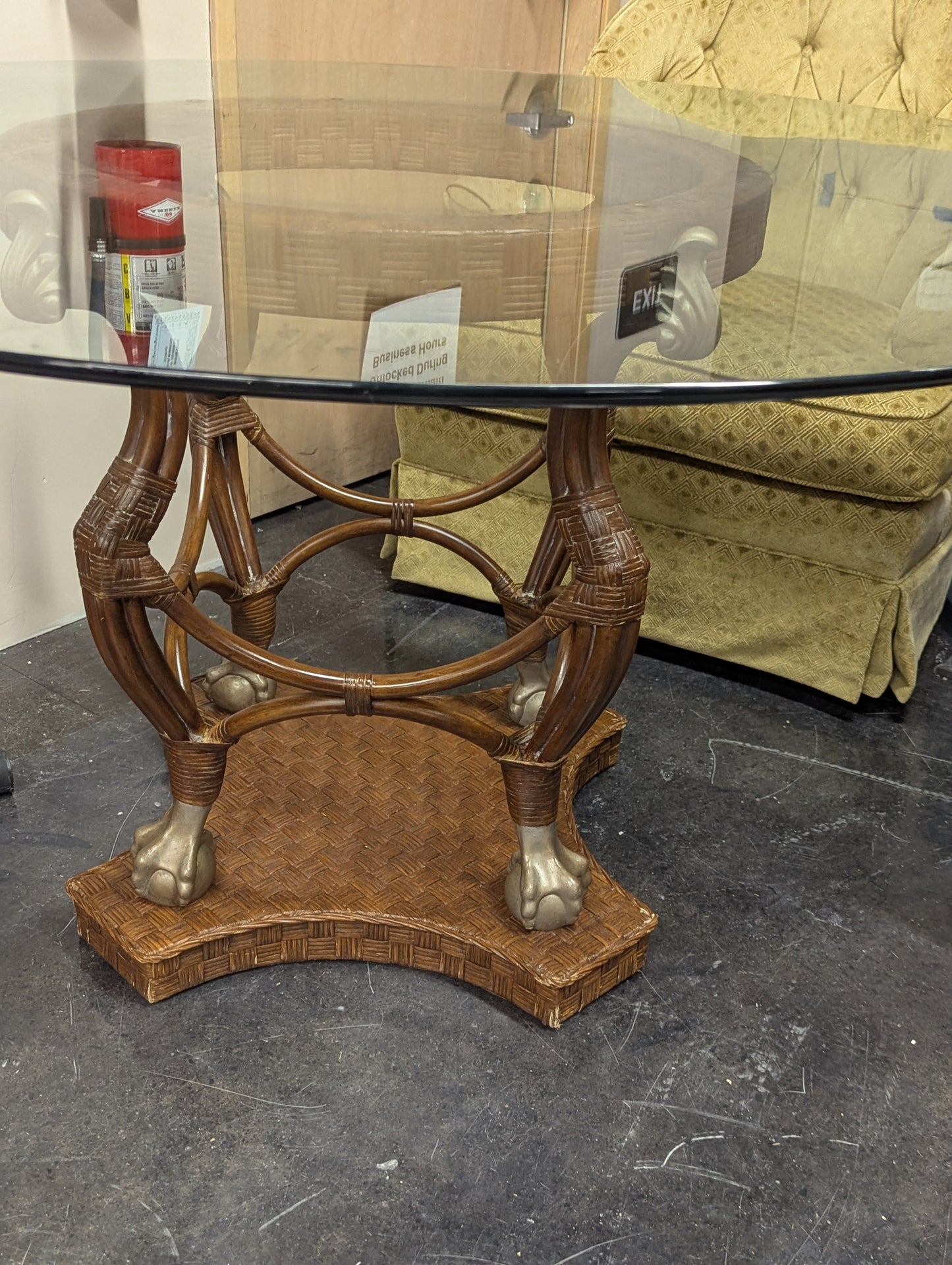 Hollywood Regency Glass and Metal And Rattan Patio Table and 6 Chairs