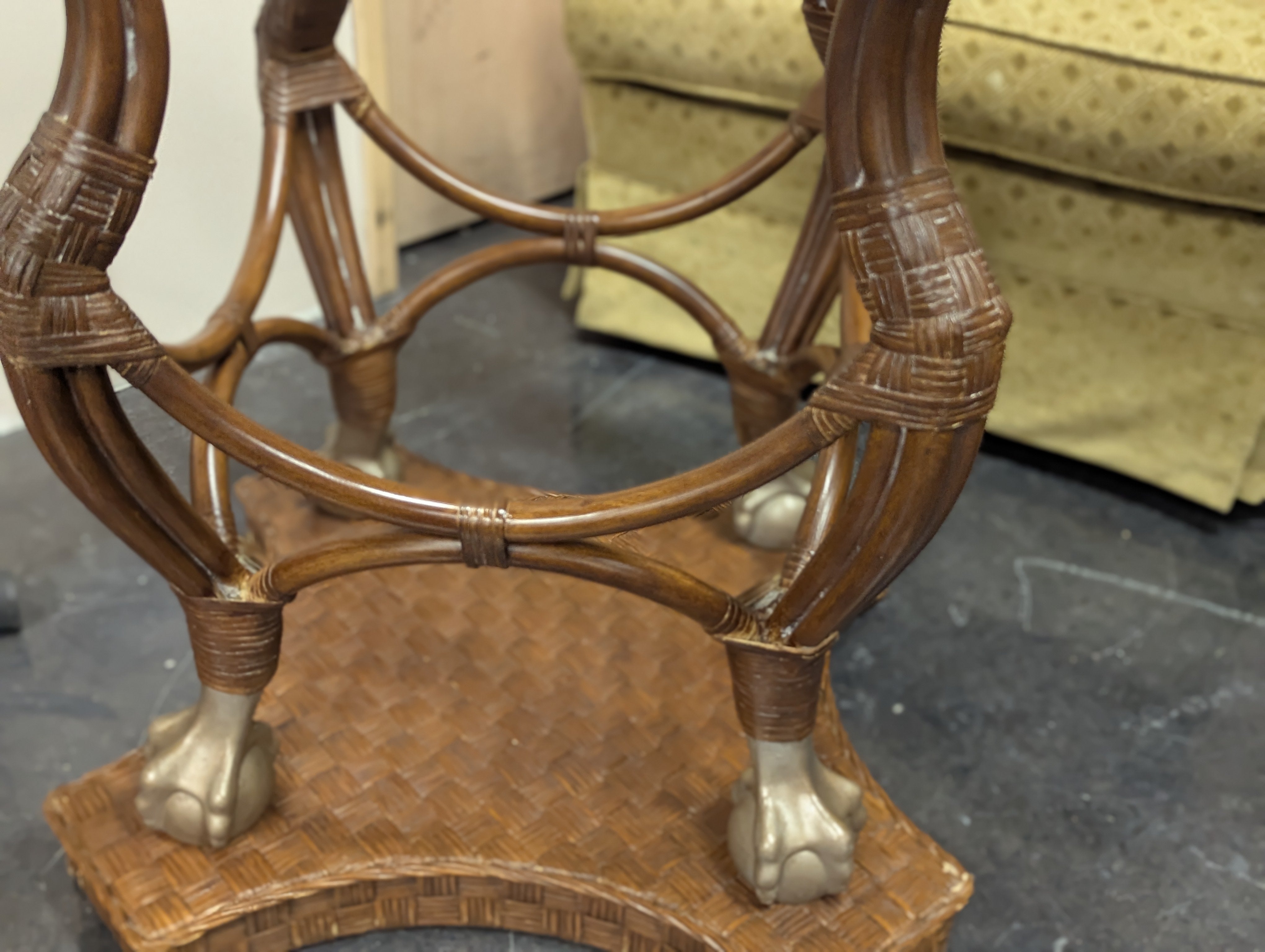 Hollywood Regency Glass and Metal And Rattan Table and 6 Chairs