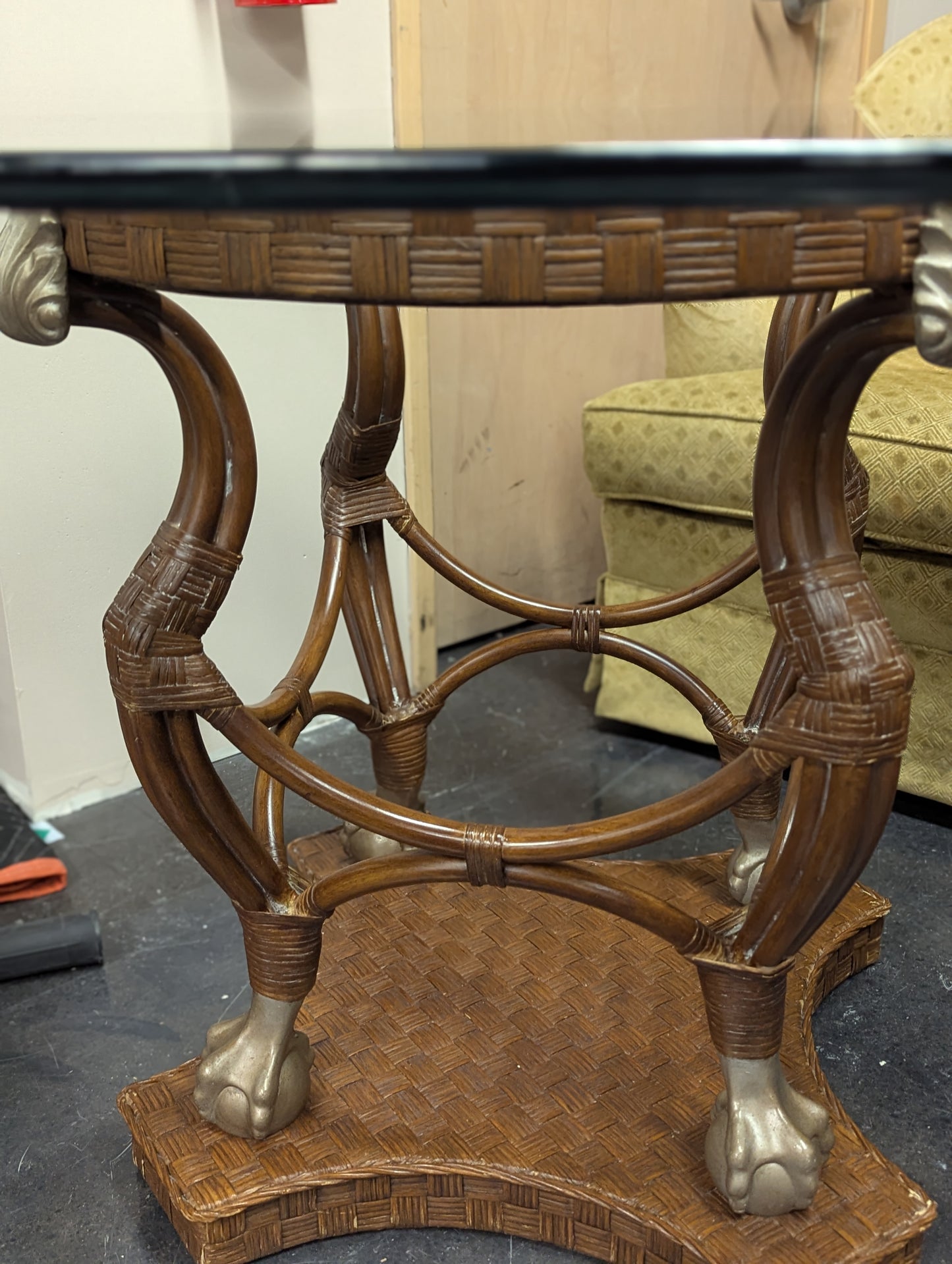 Hollywood Regency Glass and Metal And Rattan Patio Table and 6 Chairs