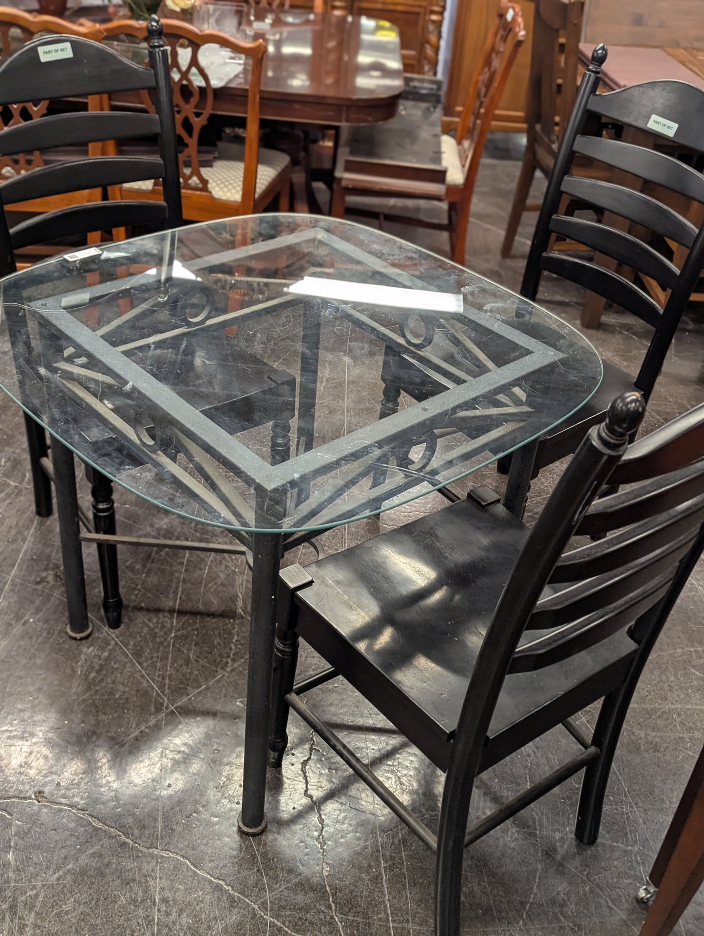 Black Metal Glass Table w/ 4 Black Chairs