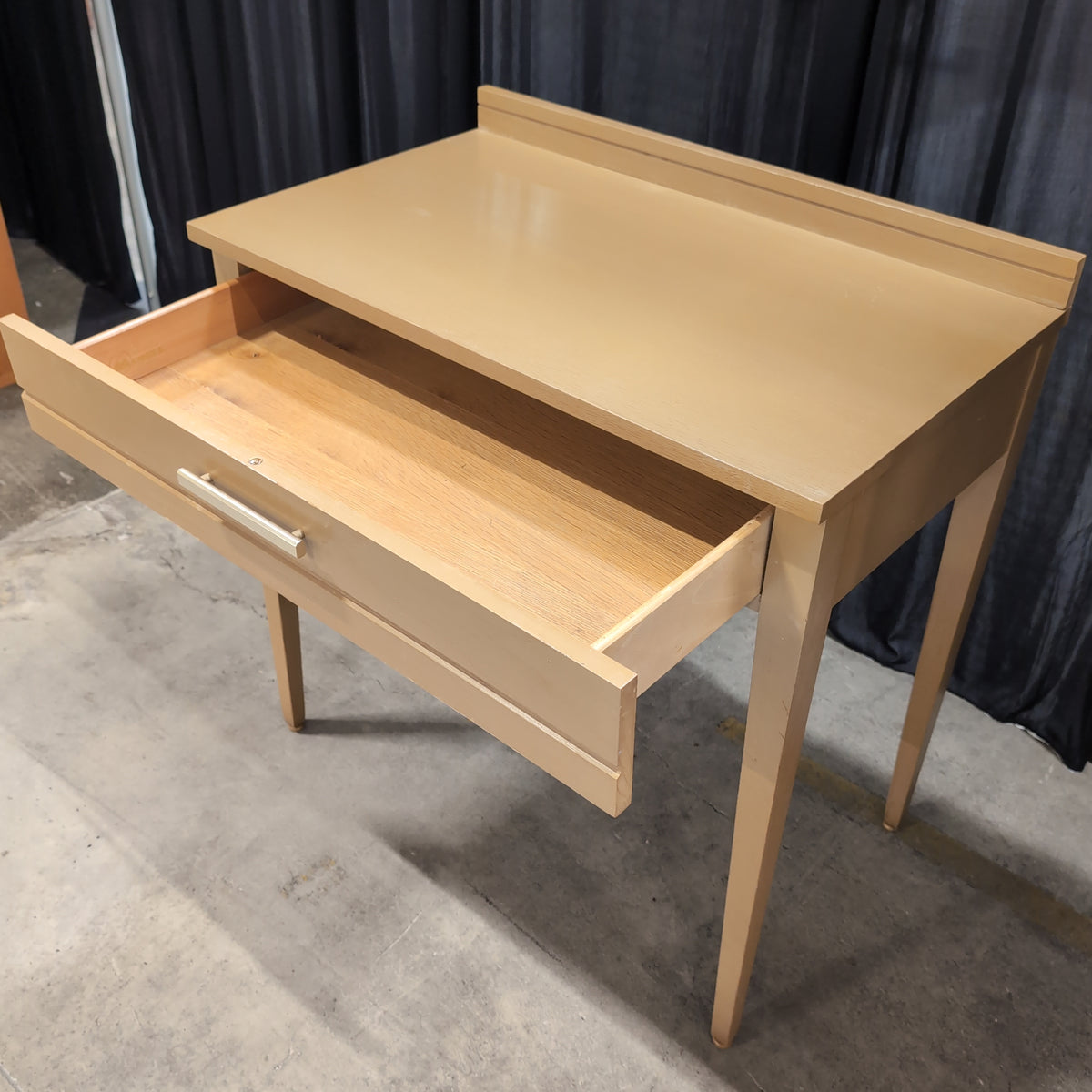 Light Wood and Glass Top Vanity with Needlepoint Stool