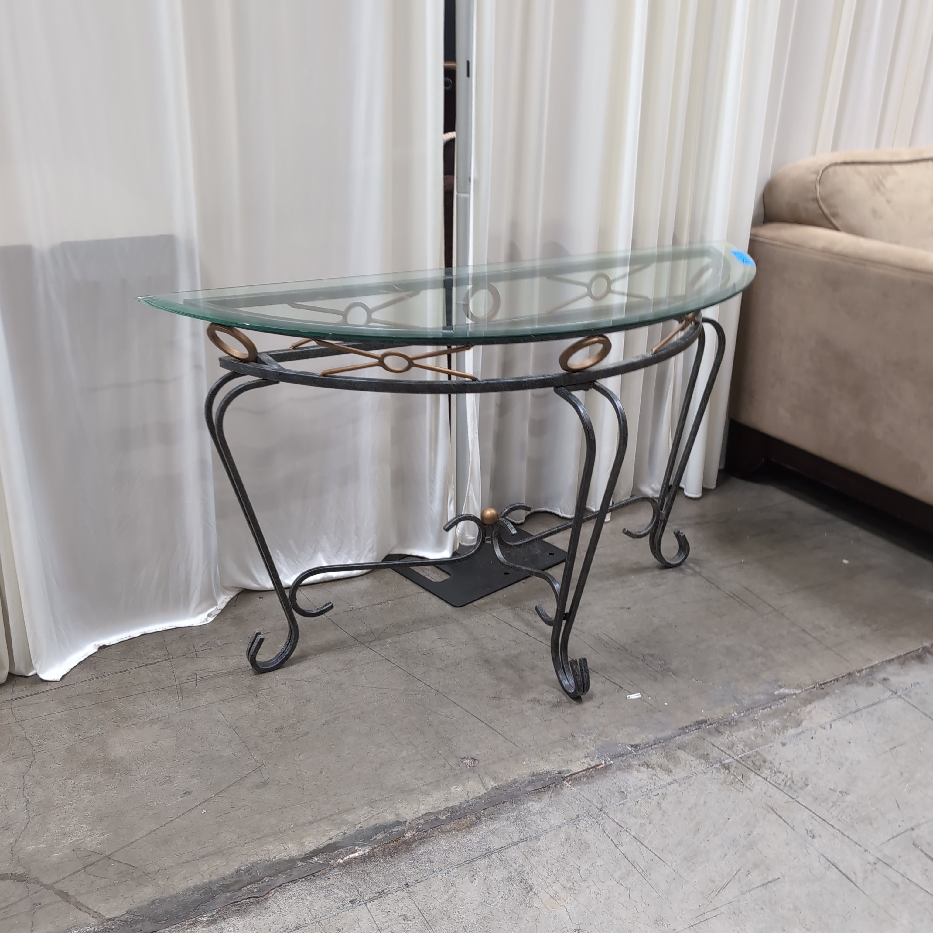 Ornate Black Metal Console Table with Glass Top