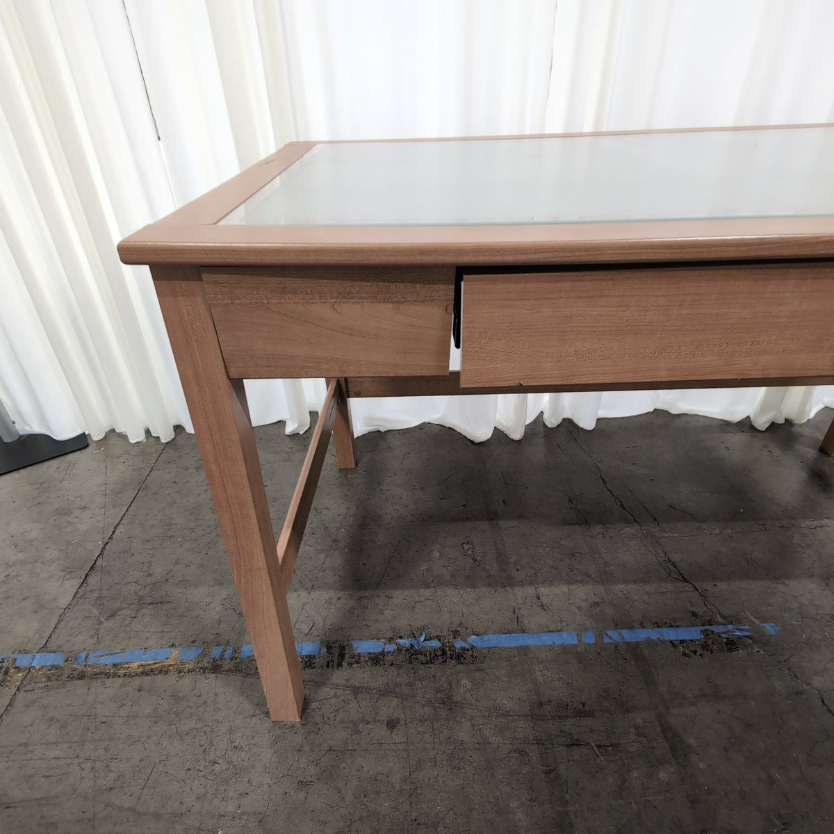 Natural Wood Two-Drawer Desk with Frosted Glass Top