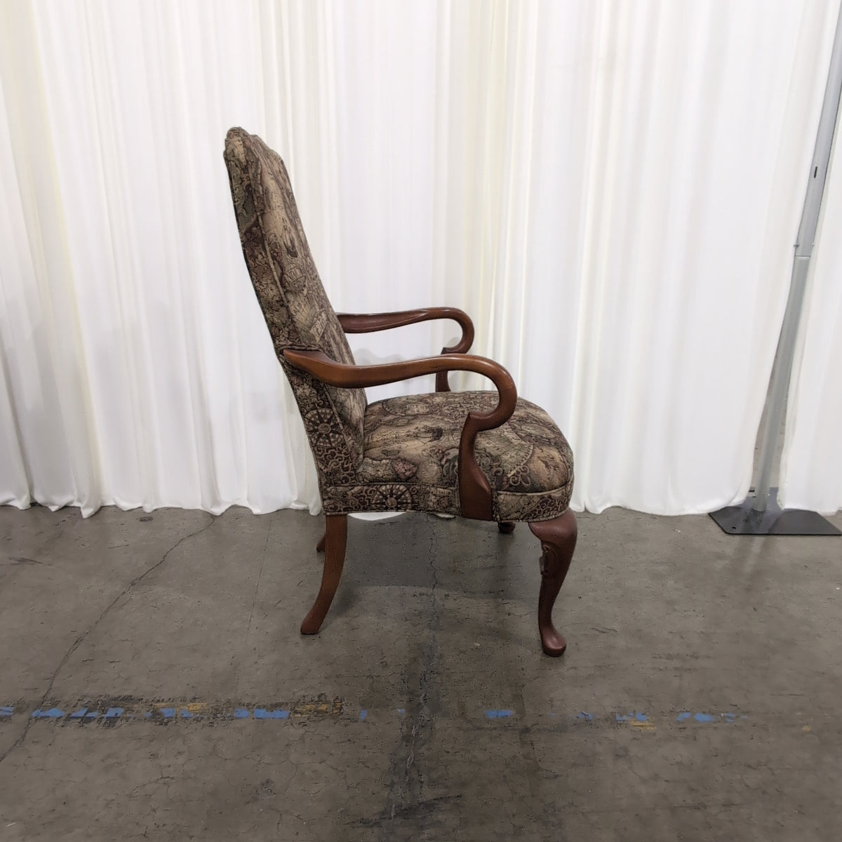 Traditional Carved Wood Arm Chair with Map Upholstery