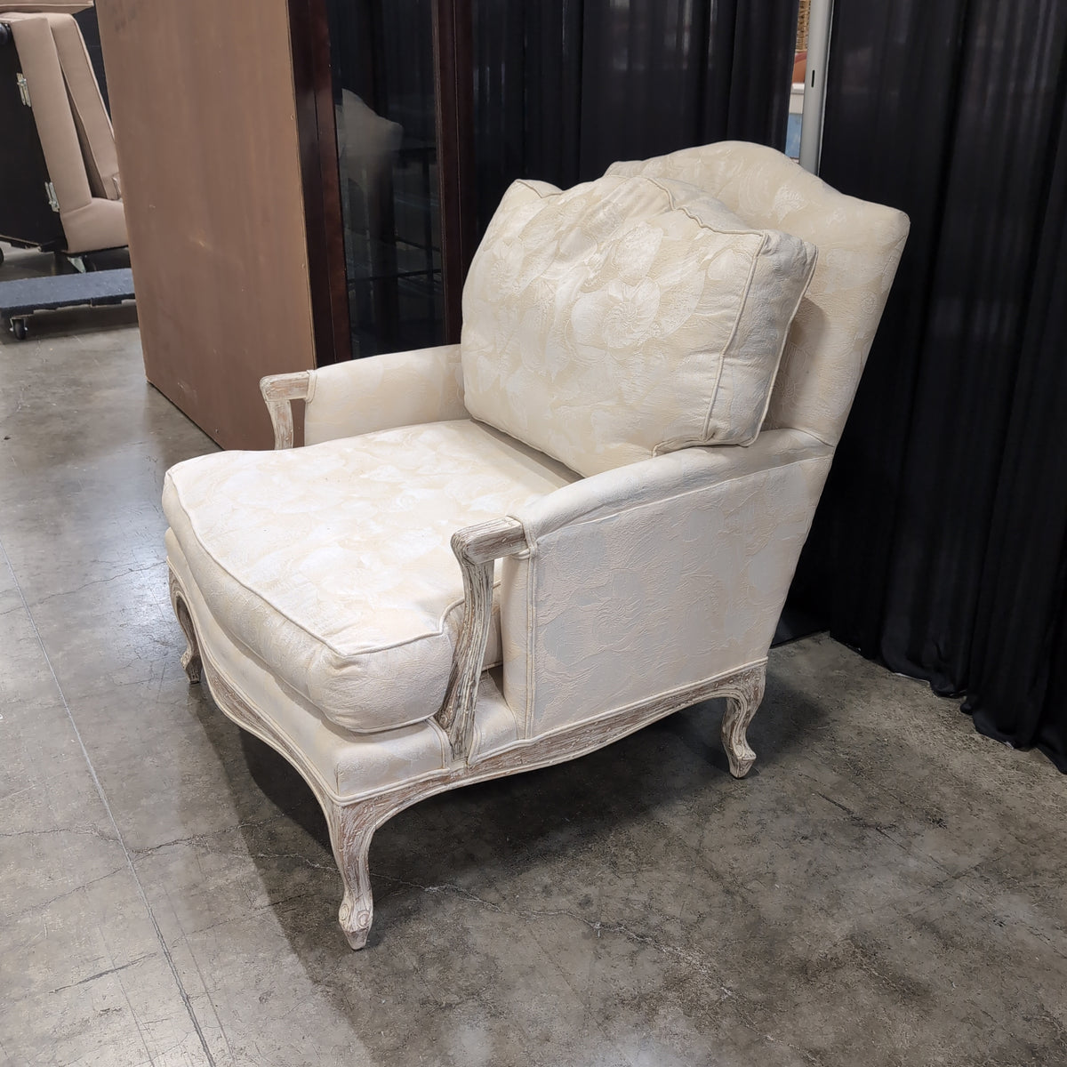 French Provincial Cream Upholstered Armchair with Carved Wood Frame