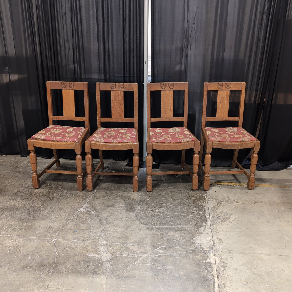 Set of Four Carved Wood Dining Chairs with Floral Upholstery