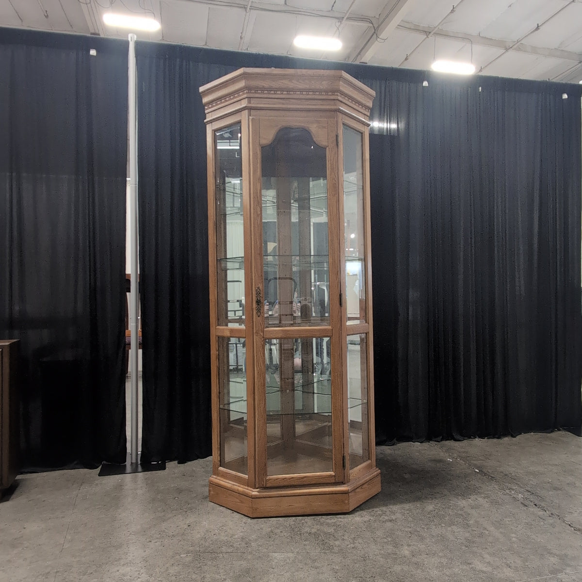 Traditional Light Wood China Cabinet with Curved Glass Door