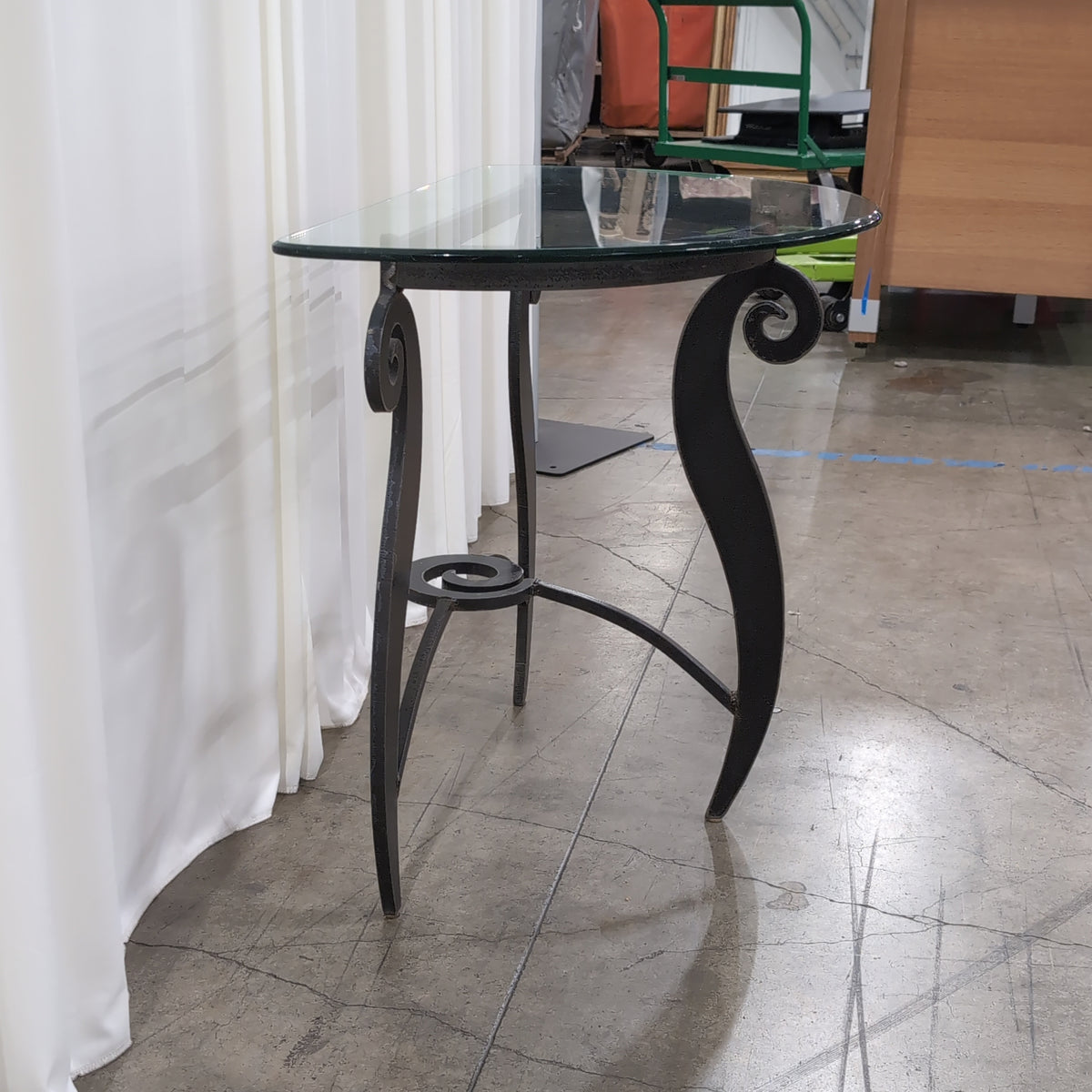 Round Glass Top End Table with Curved Metal Base