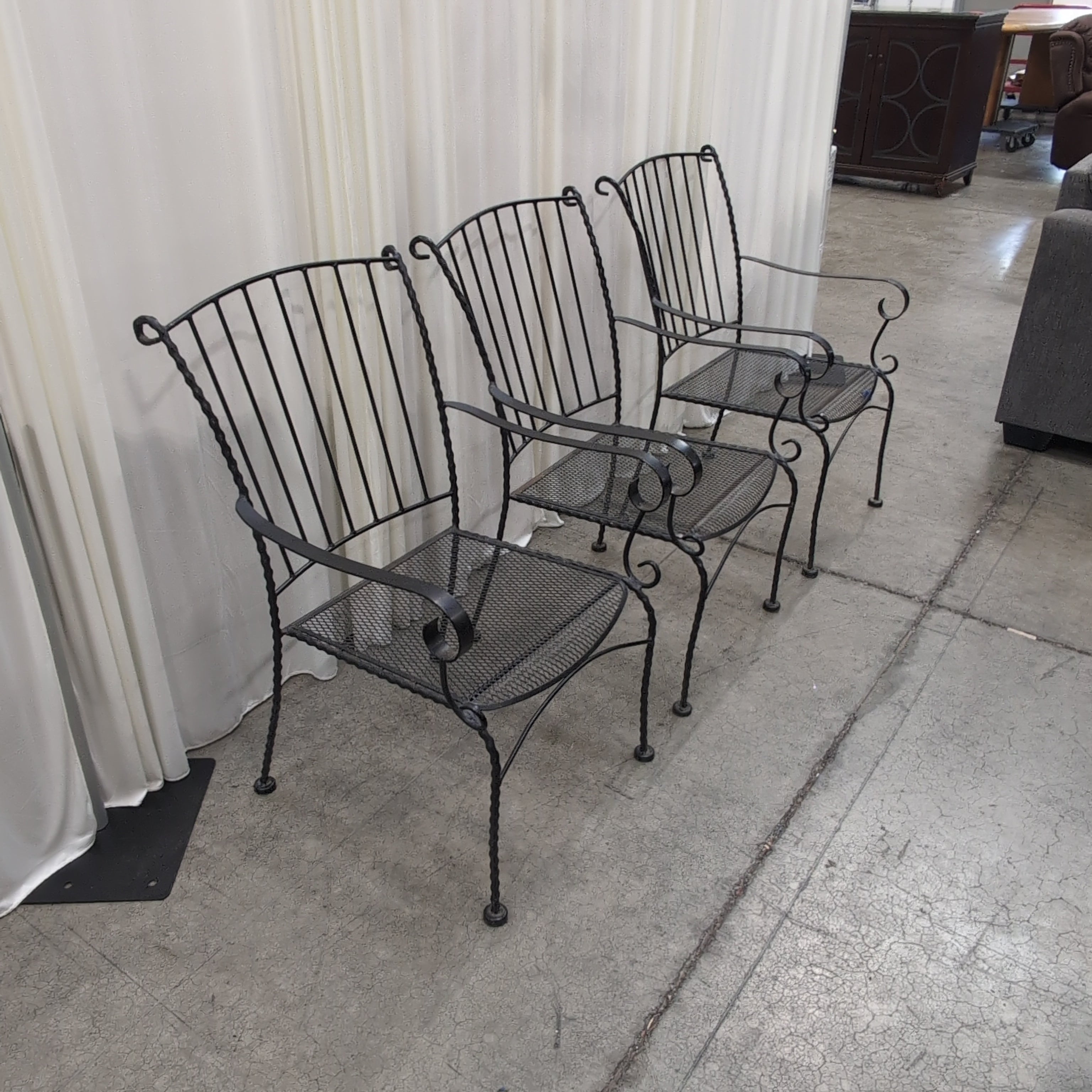 Set of Three Black Scrolled Metal Outdoor Chairs with Gray Cushions